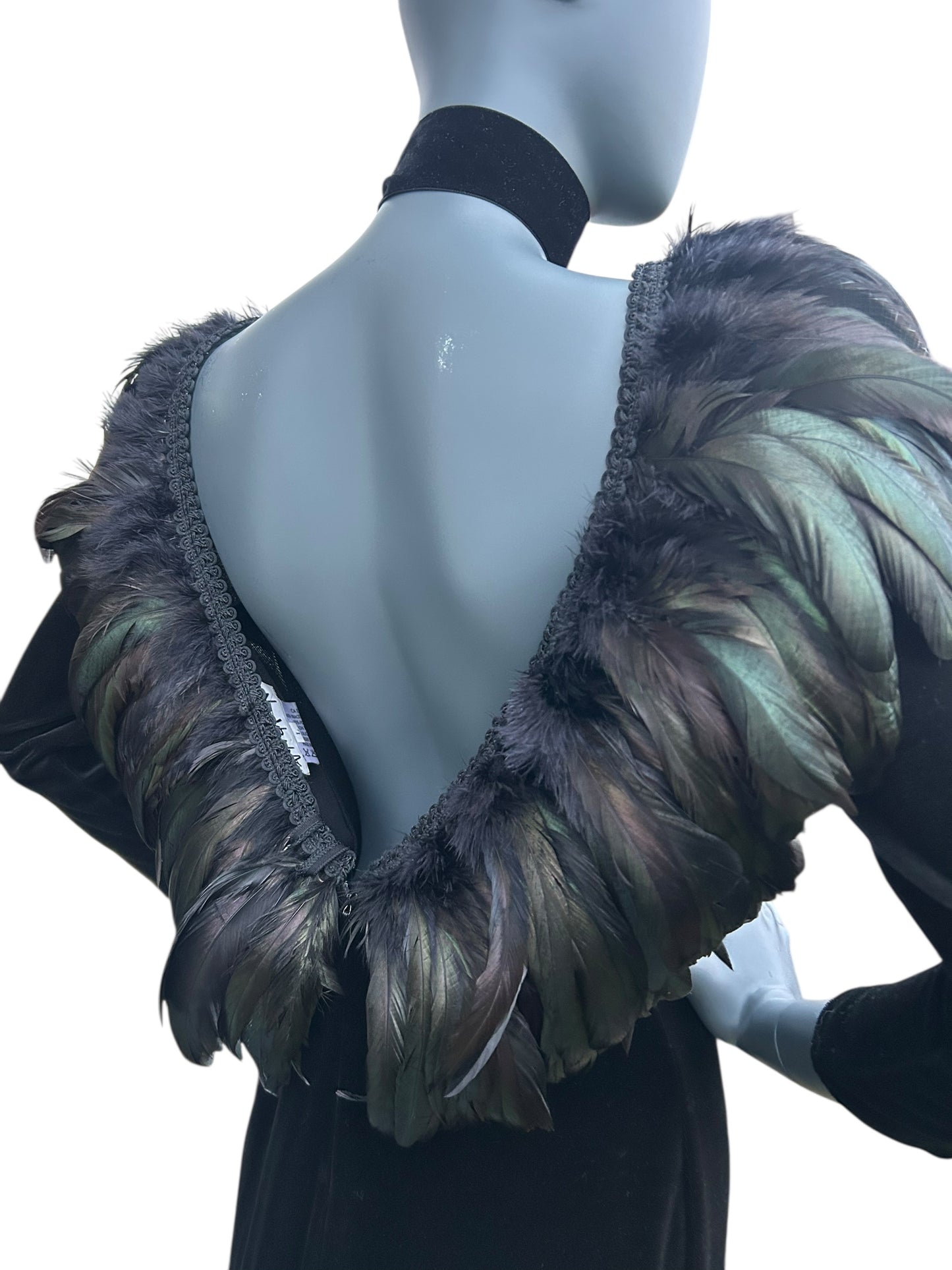 Vintage 1980s Ann Green Velvet and taffeta feather collar dress.