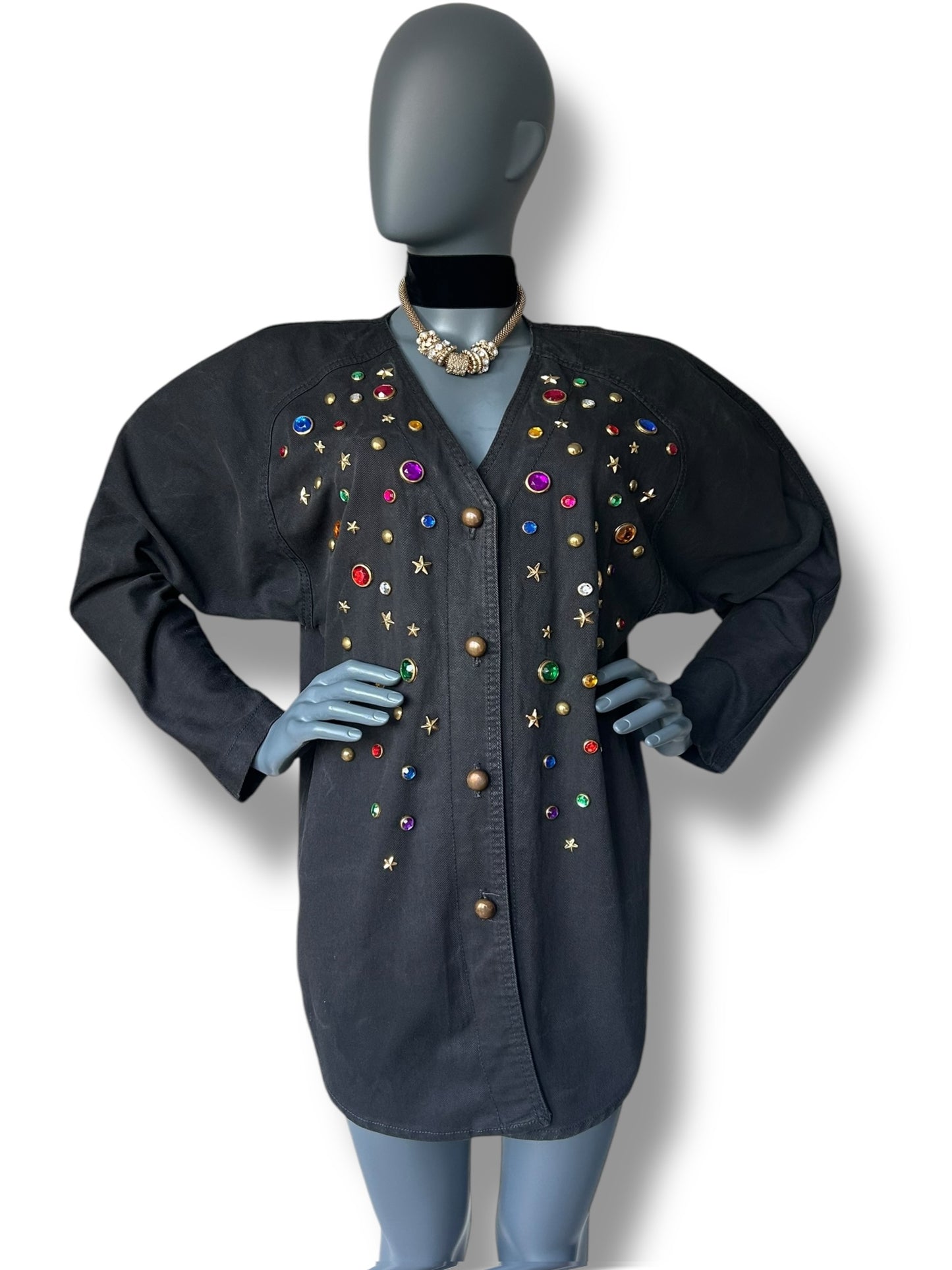 Vintage 80s Golden Jewel Black Denim Shirt Dress