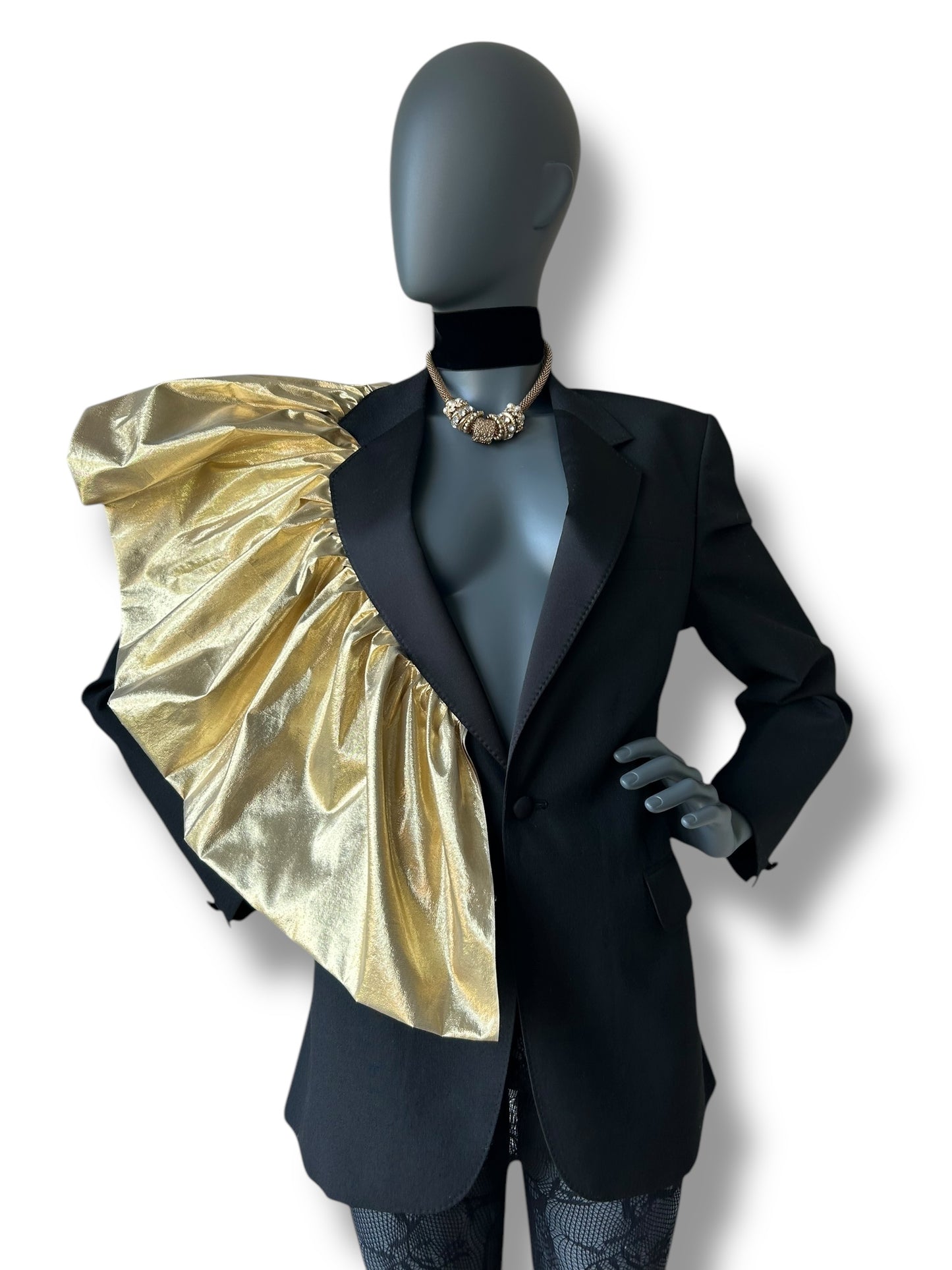 Redefined Vintage Tuxedo Blazer and Silk Gold Lamé Dramatic Couture Ruffle