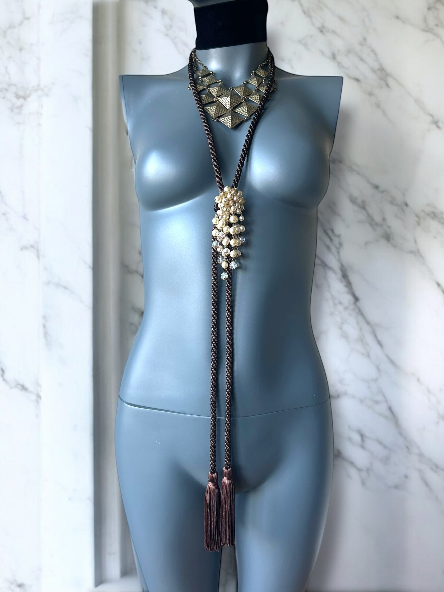 Vintage 1950s crystal and faux pearl rope sautoir necklace