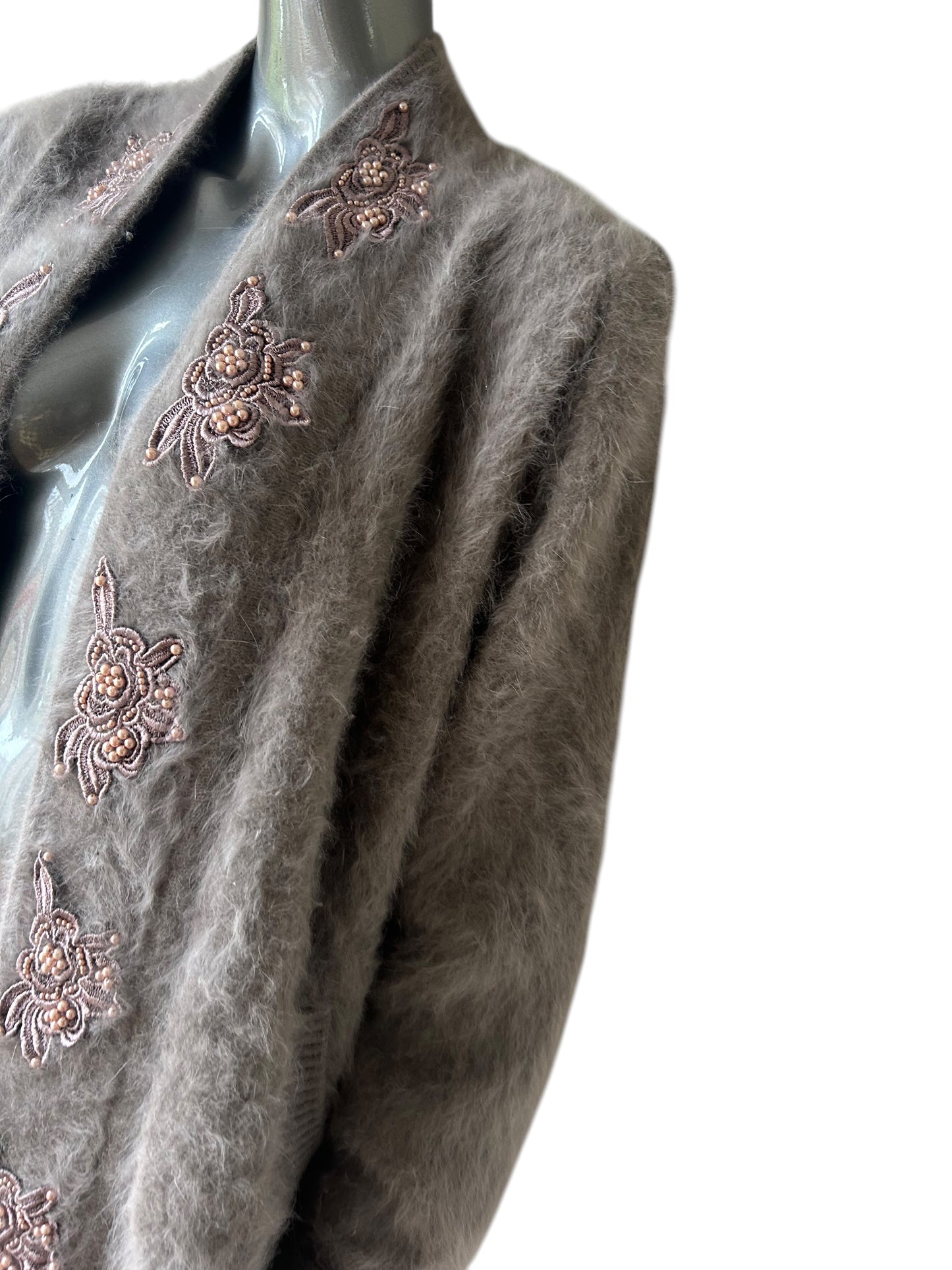 Vintage 1989/ Taupe grey plush angora pearl and lace embellished coat with pockets