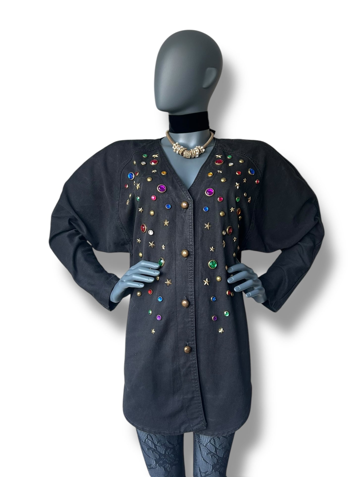 Vintage 80s Golden Jewel Black Denim Shirt Dress