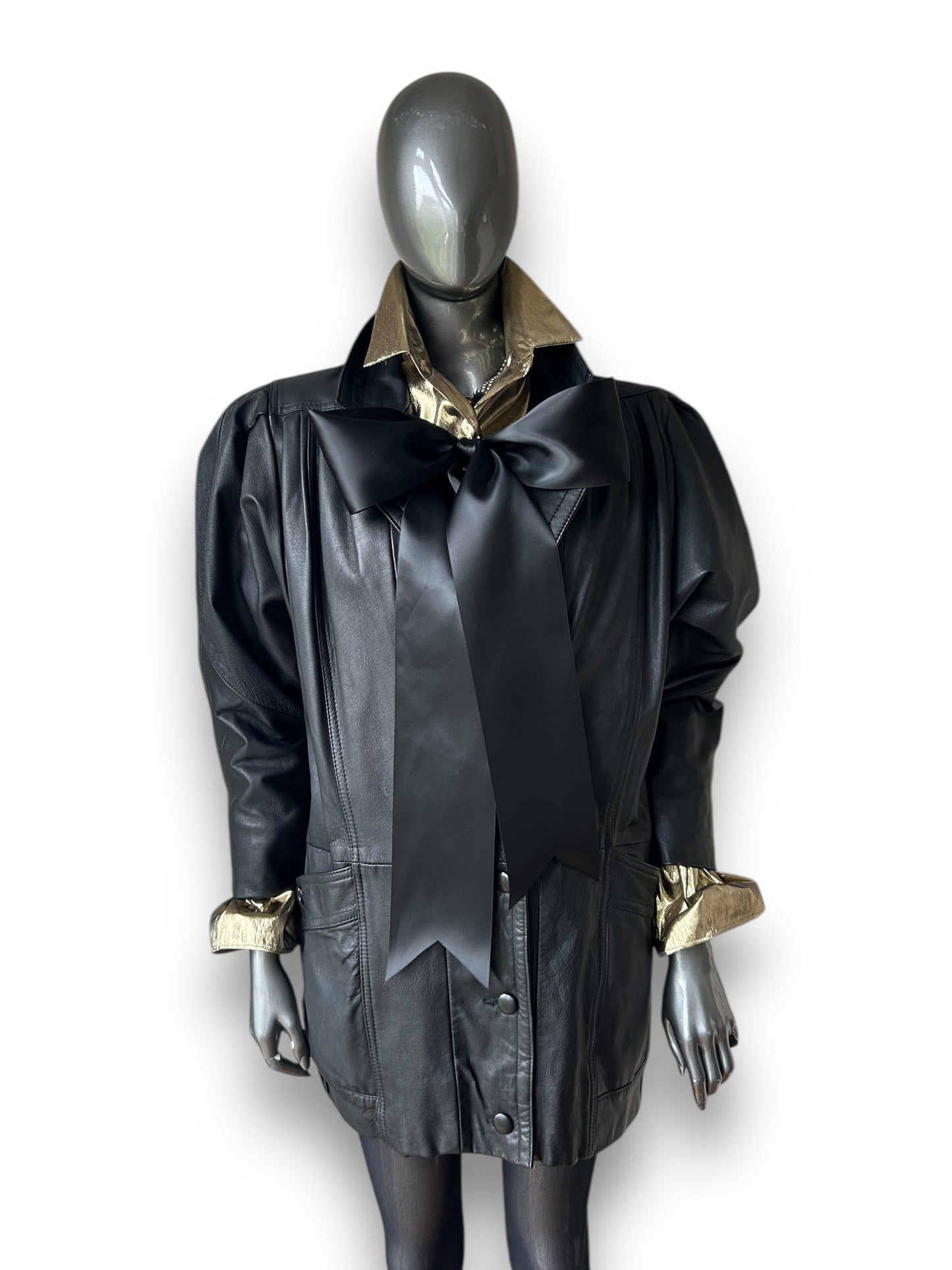 Vintage 1980s Batwing french Black Leather Jacket dress