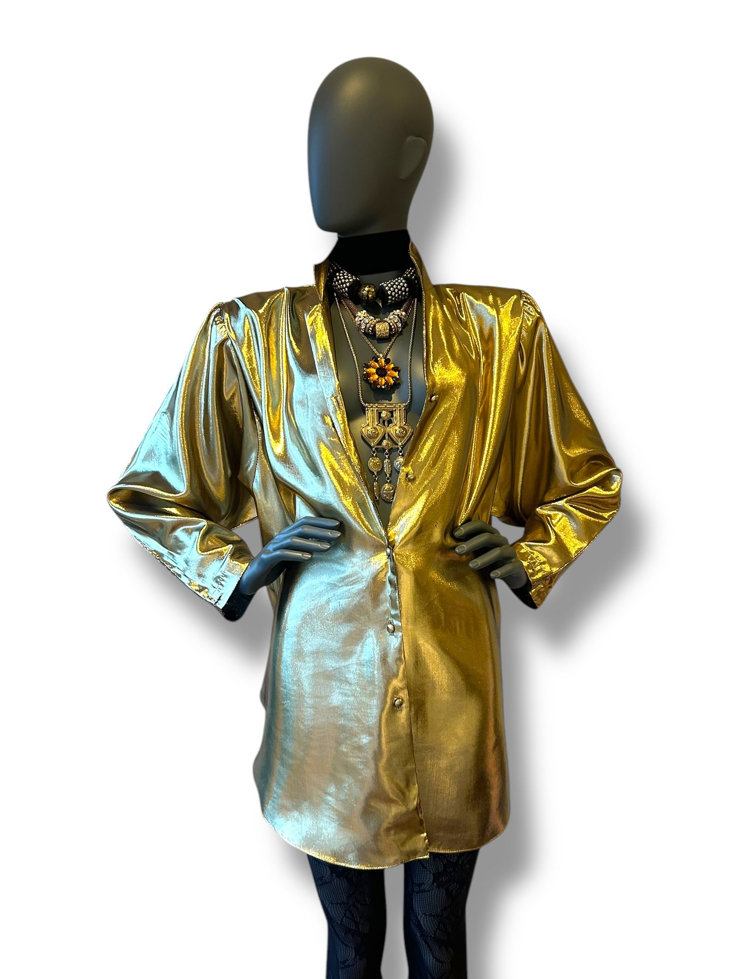 Vintage 1980s Gold Lamé Shirt Dress