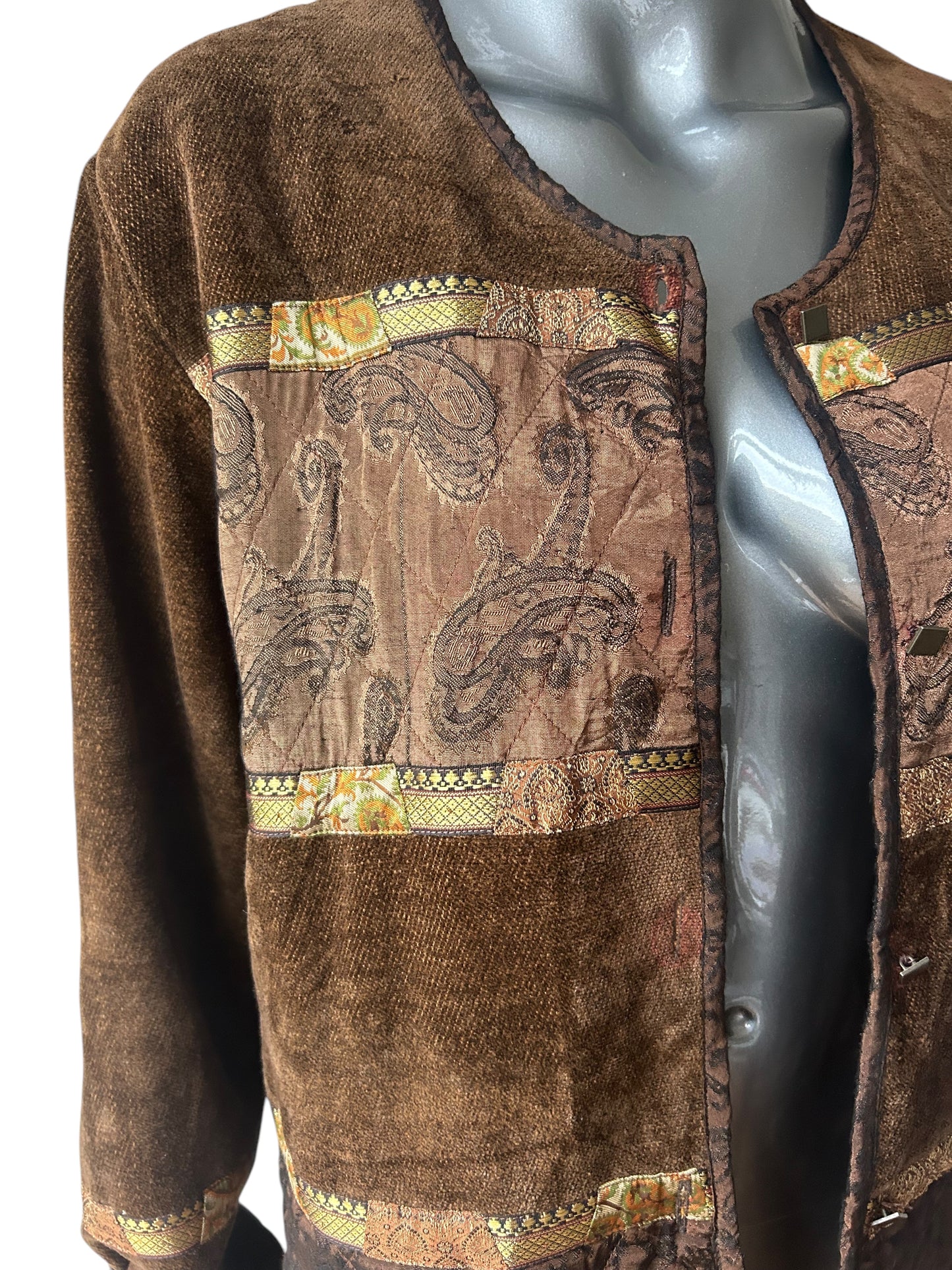 Vintage late 80s brown velour and gold brocade boho folk jacket