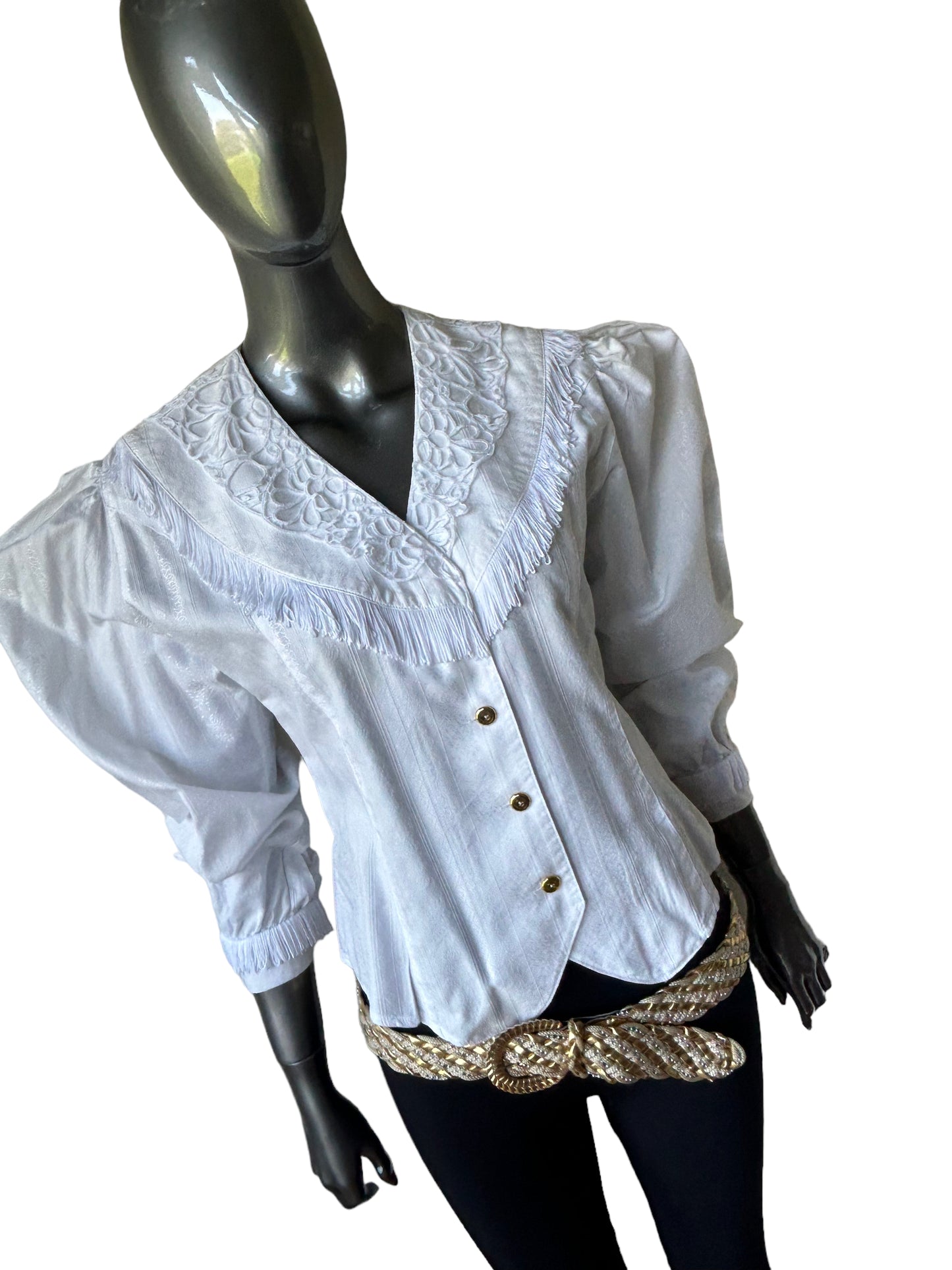 Vintage 1980s Western Cotton Jacquard Blouse with fringe