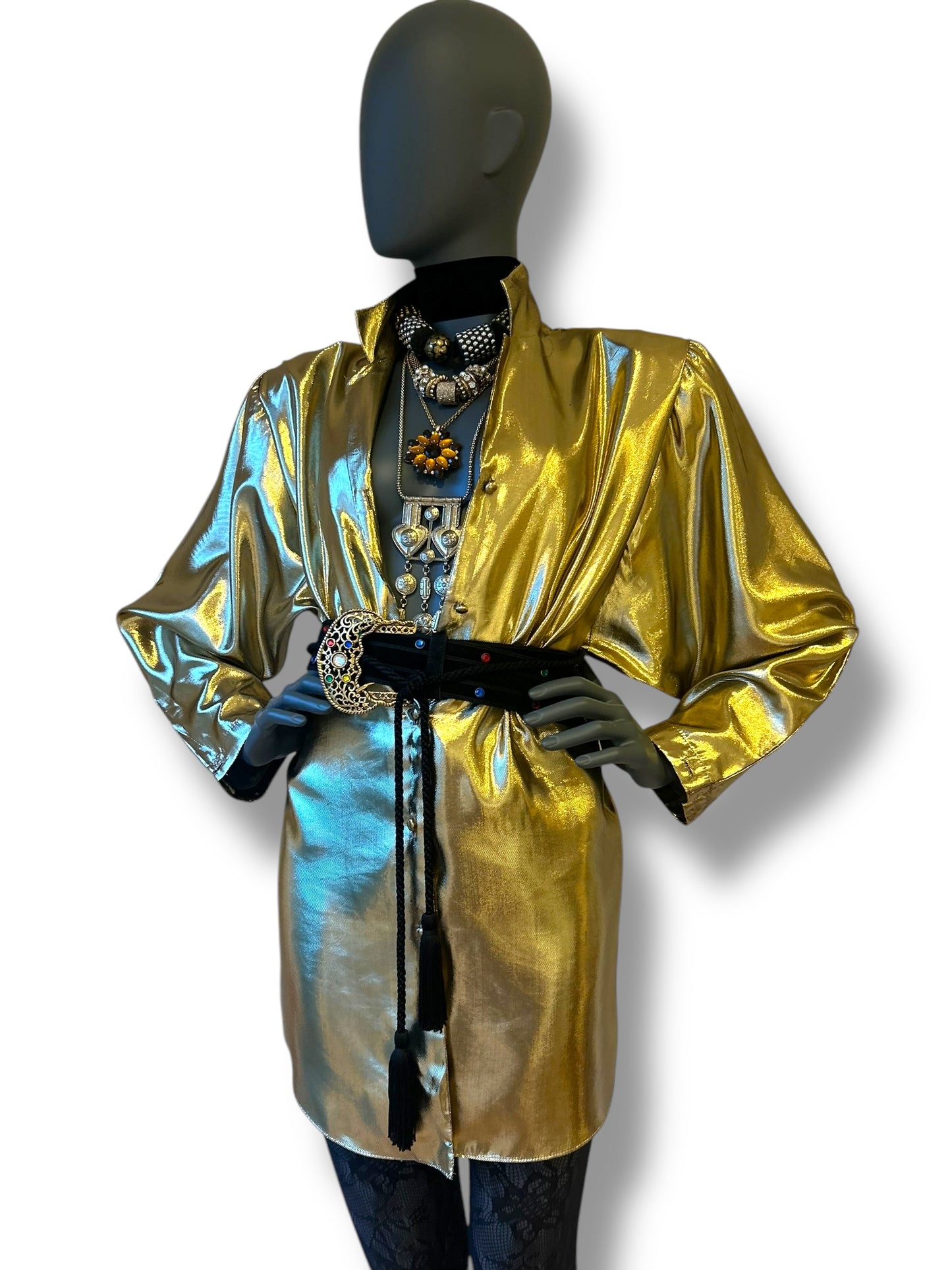 Vintage 1980s Gold Lamé Shirt Dress