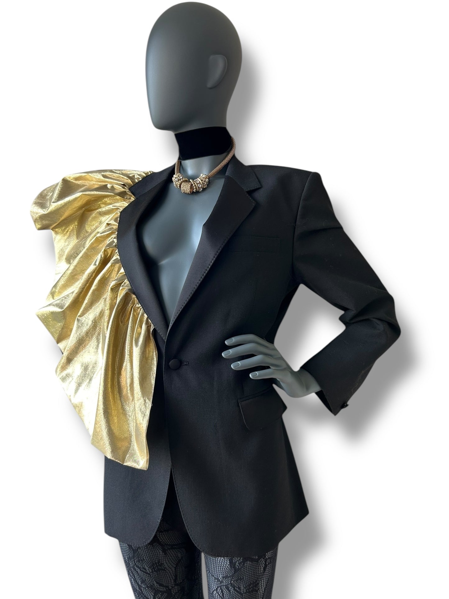 Redefined Vintage Tuxedo Blazer and Silk Gold Lamé Dramatic Couture Ruffle