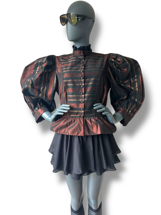 Vintage 1980s Silk Taffeta Puff Sleeve Statement Peplum Blouse