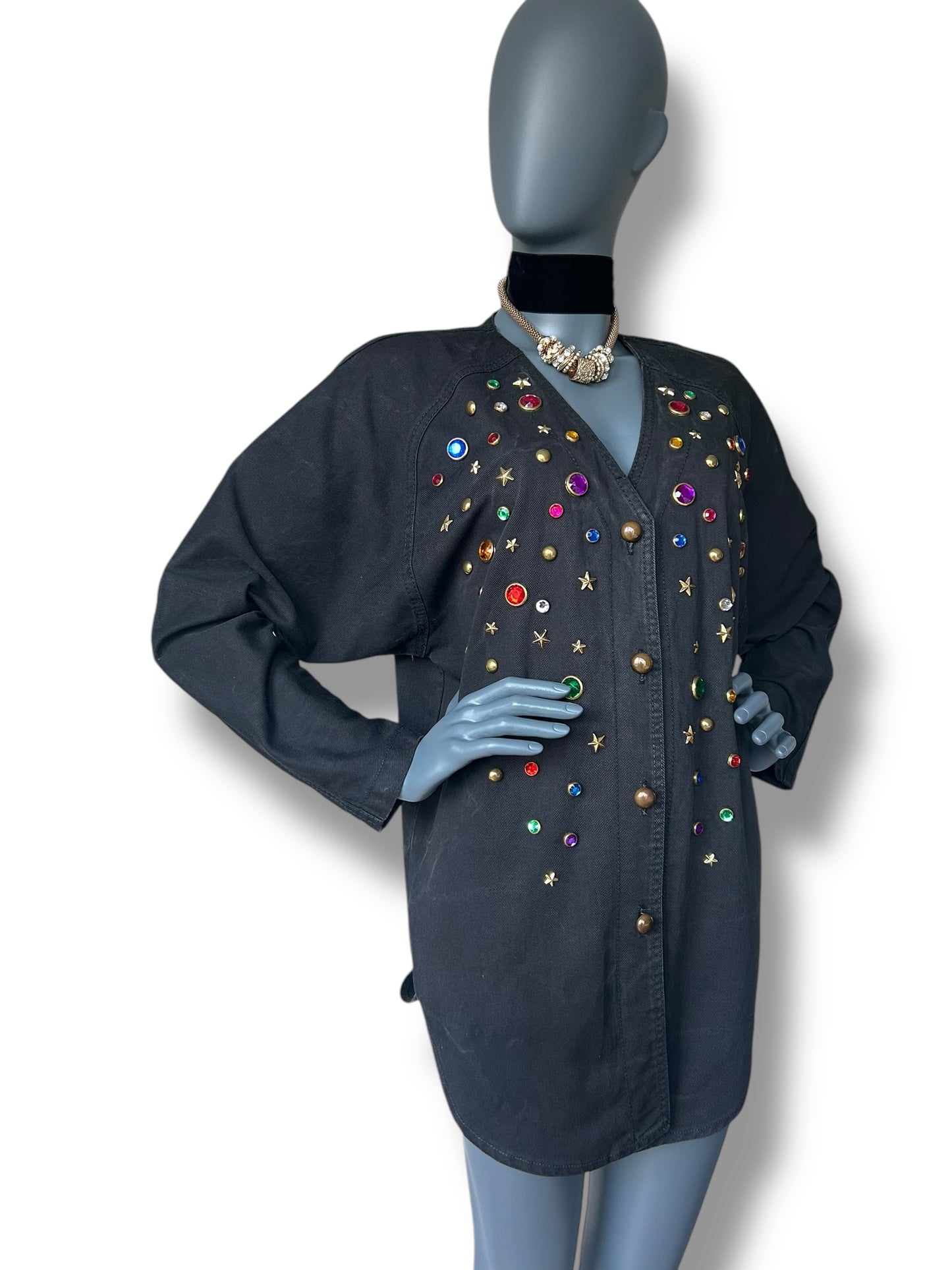 Vintage 80s Golden Jewel Black Denim Shirt Dress