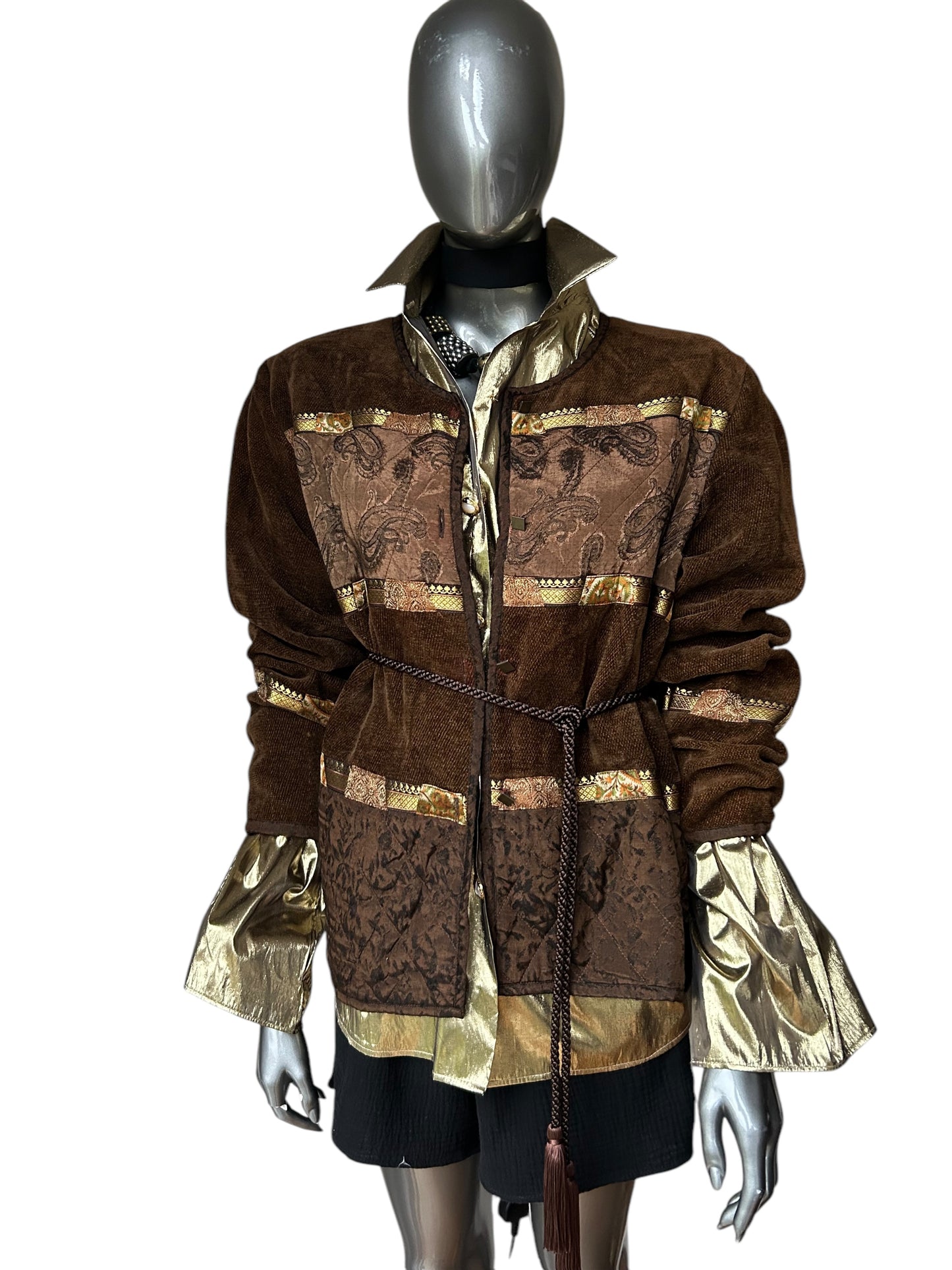 Vintage late 80s brown velour and gold brocade boho folk jacket