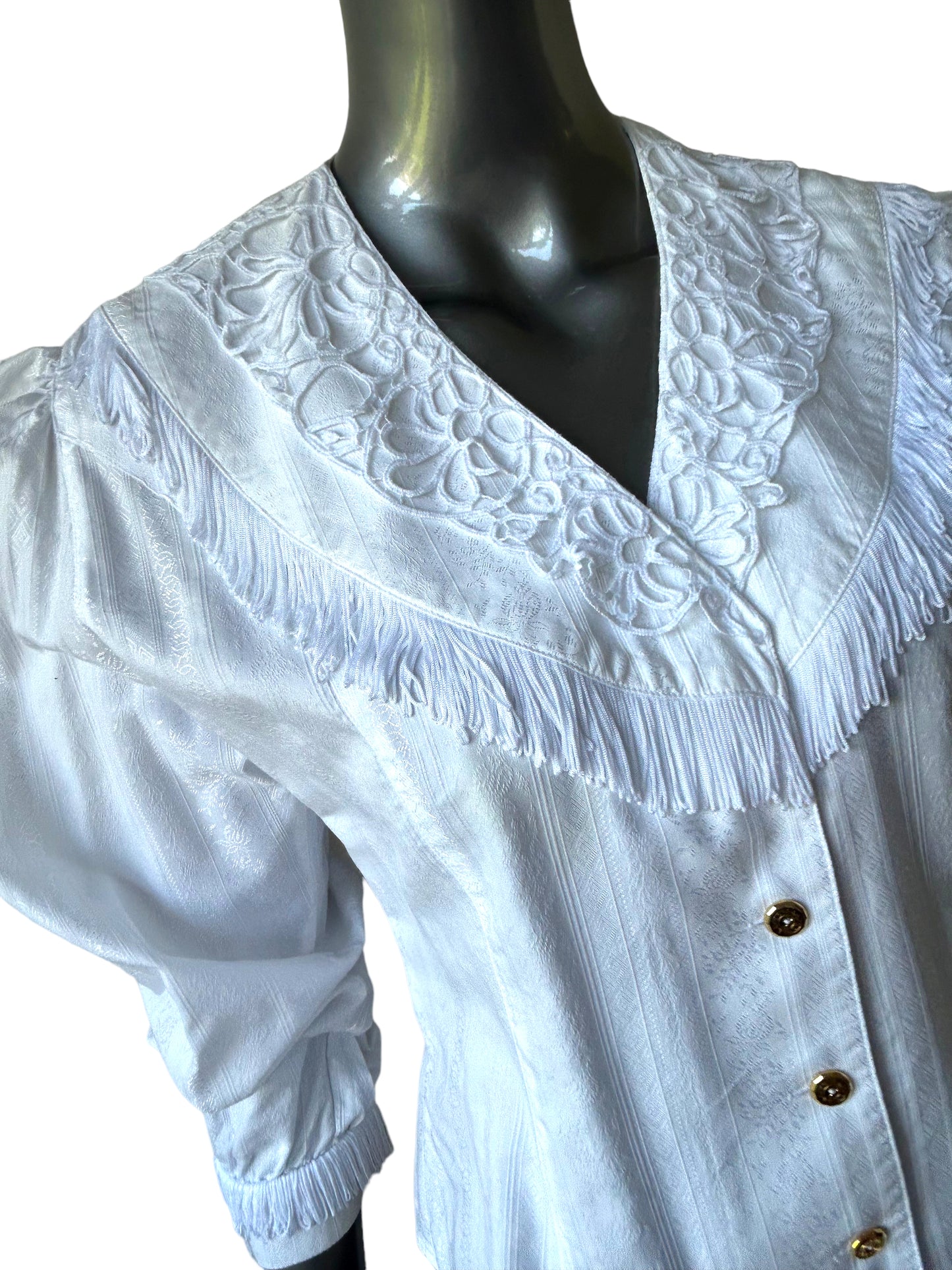 Vintage 1980s Western Cotton Jacquard Blouse with fringe