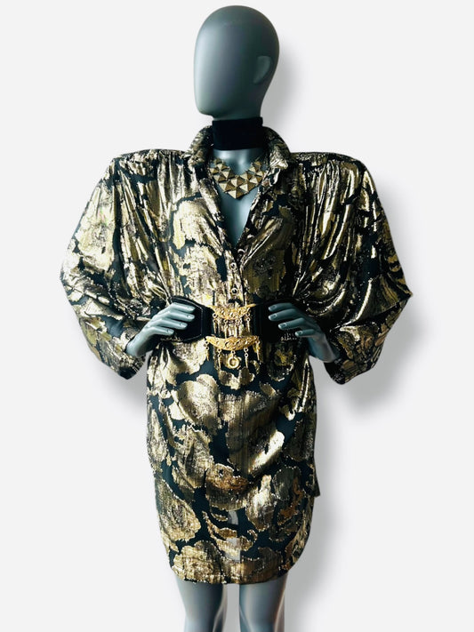 Vintage 1980s Gold and Black Lame Batwing Shirt Dress
