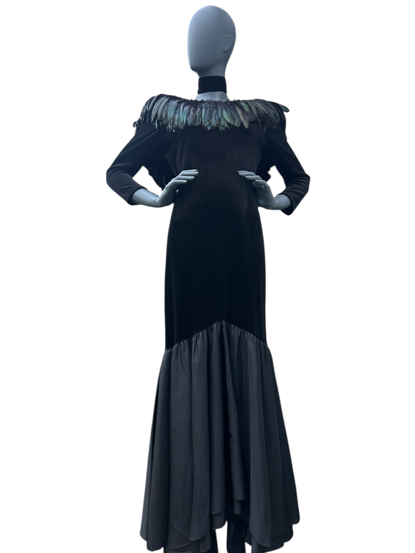 Vintage 1980s Ann Green Velvet and taffeta feather collar dress.