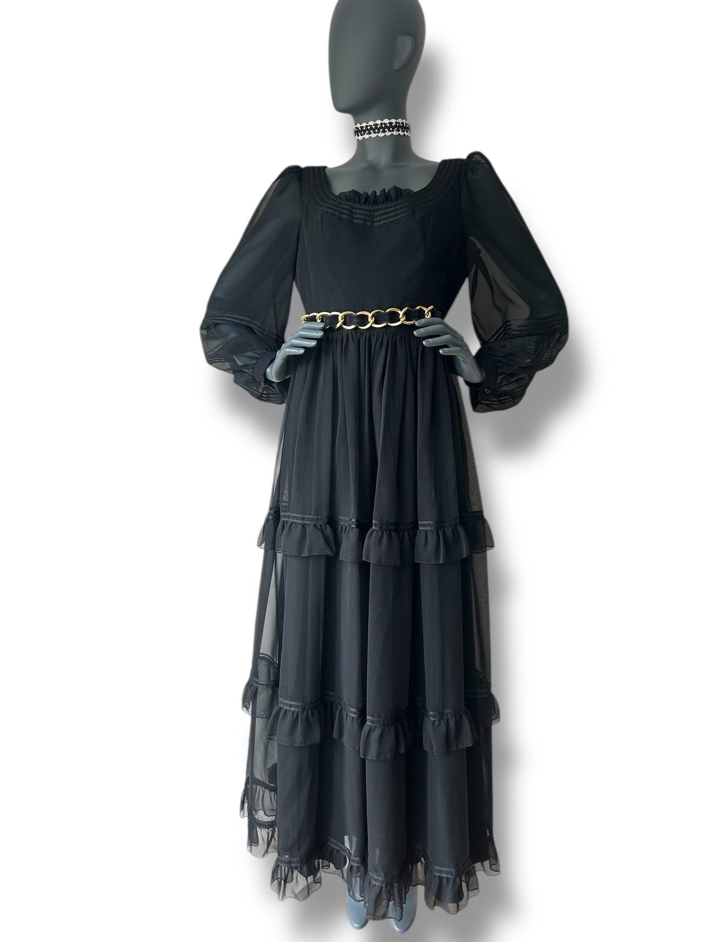 Vintage 1970s Silk Chiffon Ruffle Gown