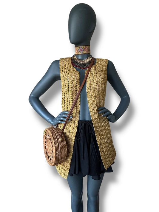 Vintage 1970s Gold BOHO Crochet Waistcoat