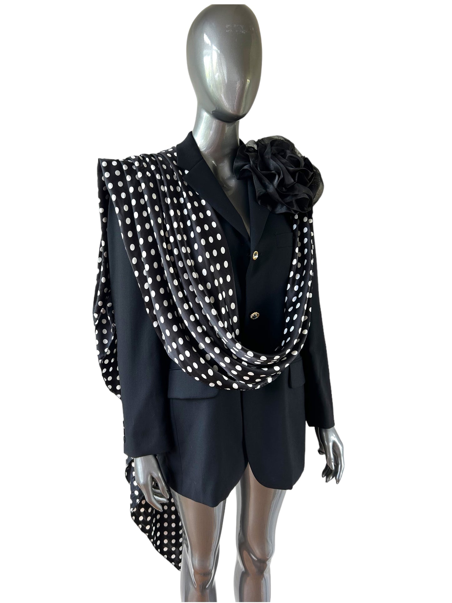 Overdress Redefined Mini Polka Dot Drape Black Blazer with floral corsage