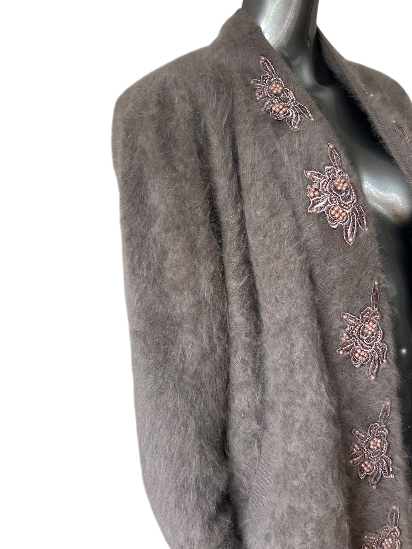 Vintage 1989/ Taupe grey plush angora pearl and lace embellished coat with pockets