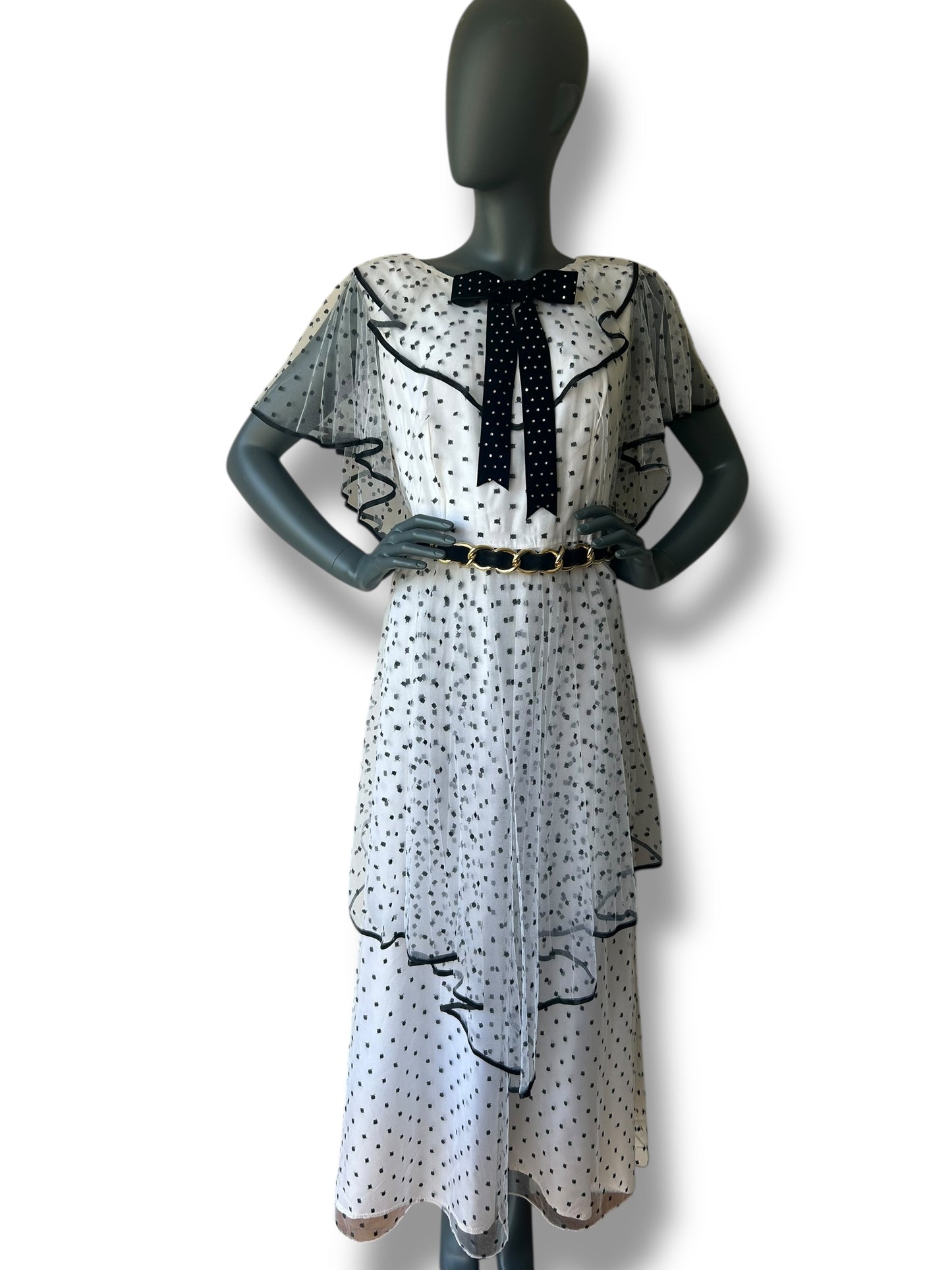 Vintage 1960s Black and White Polka Dot Mesh Dress