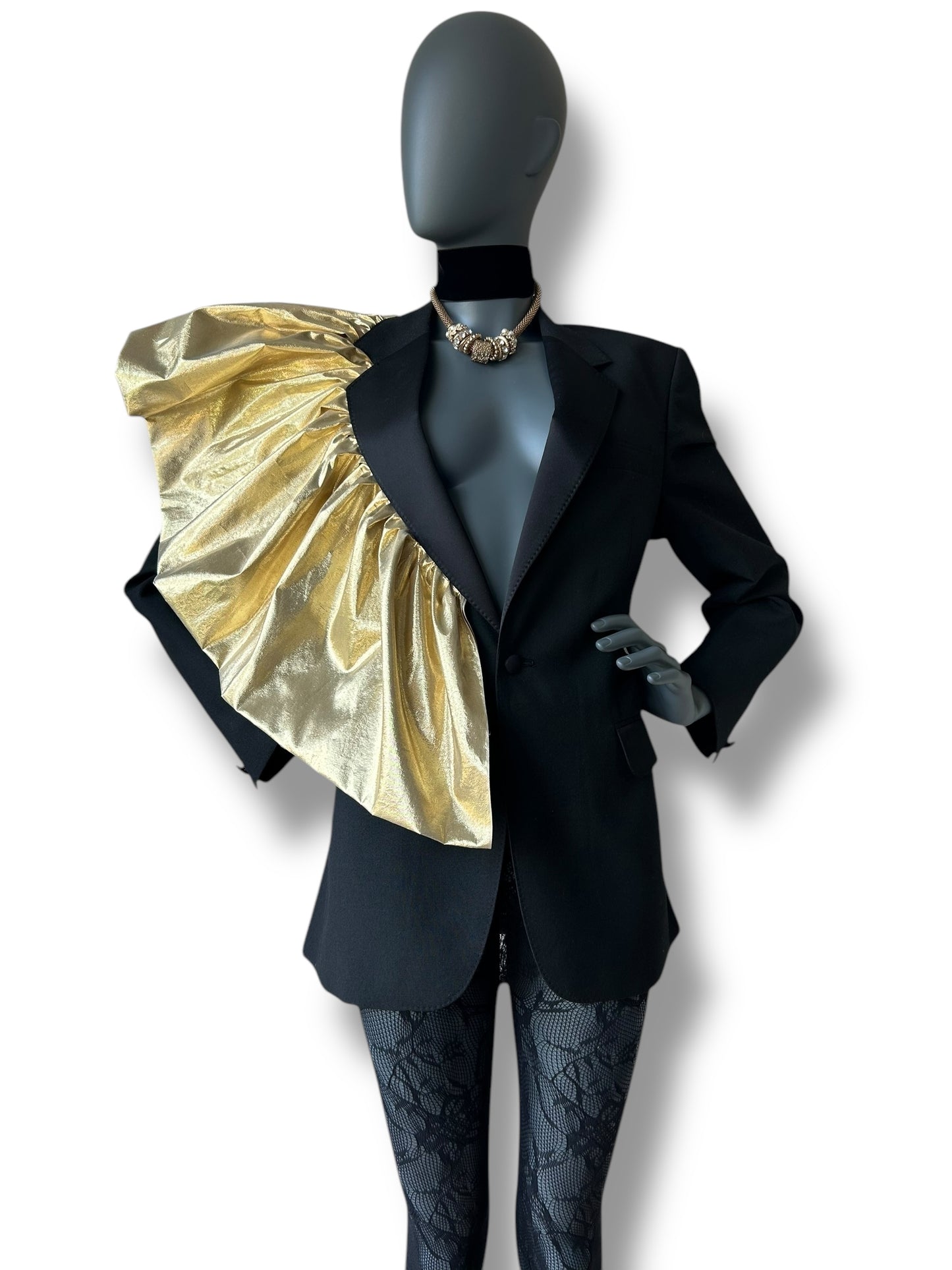 Redefined Vintage Tuxedo Blazer and Silk Gold Lamé Dramatic Couture Ruffle