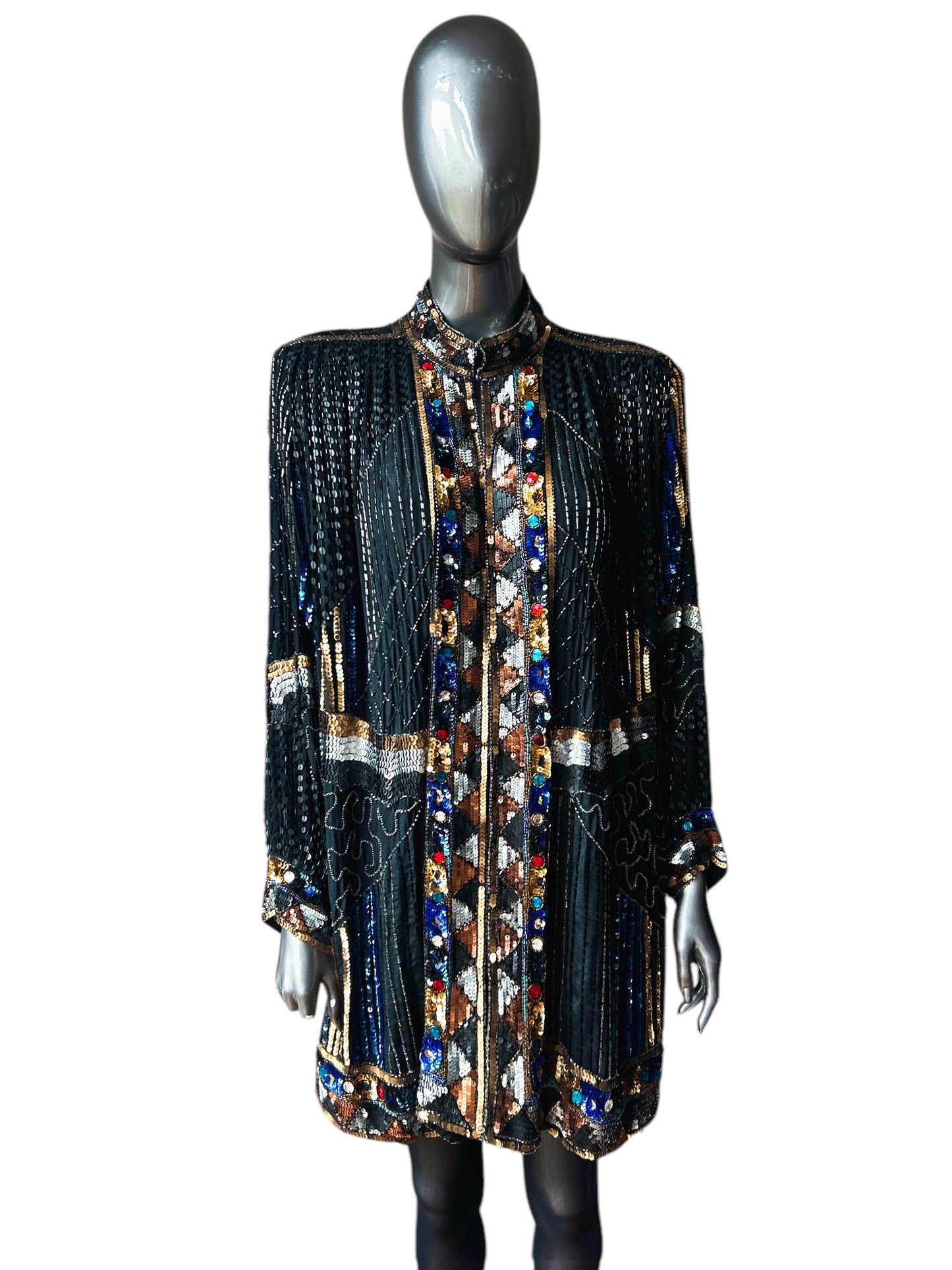 Vintage 1980s Frank Usher Art Deco Sequin Embellished Ornamental Cocktail Statement Jacket