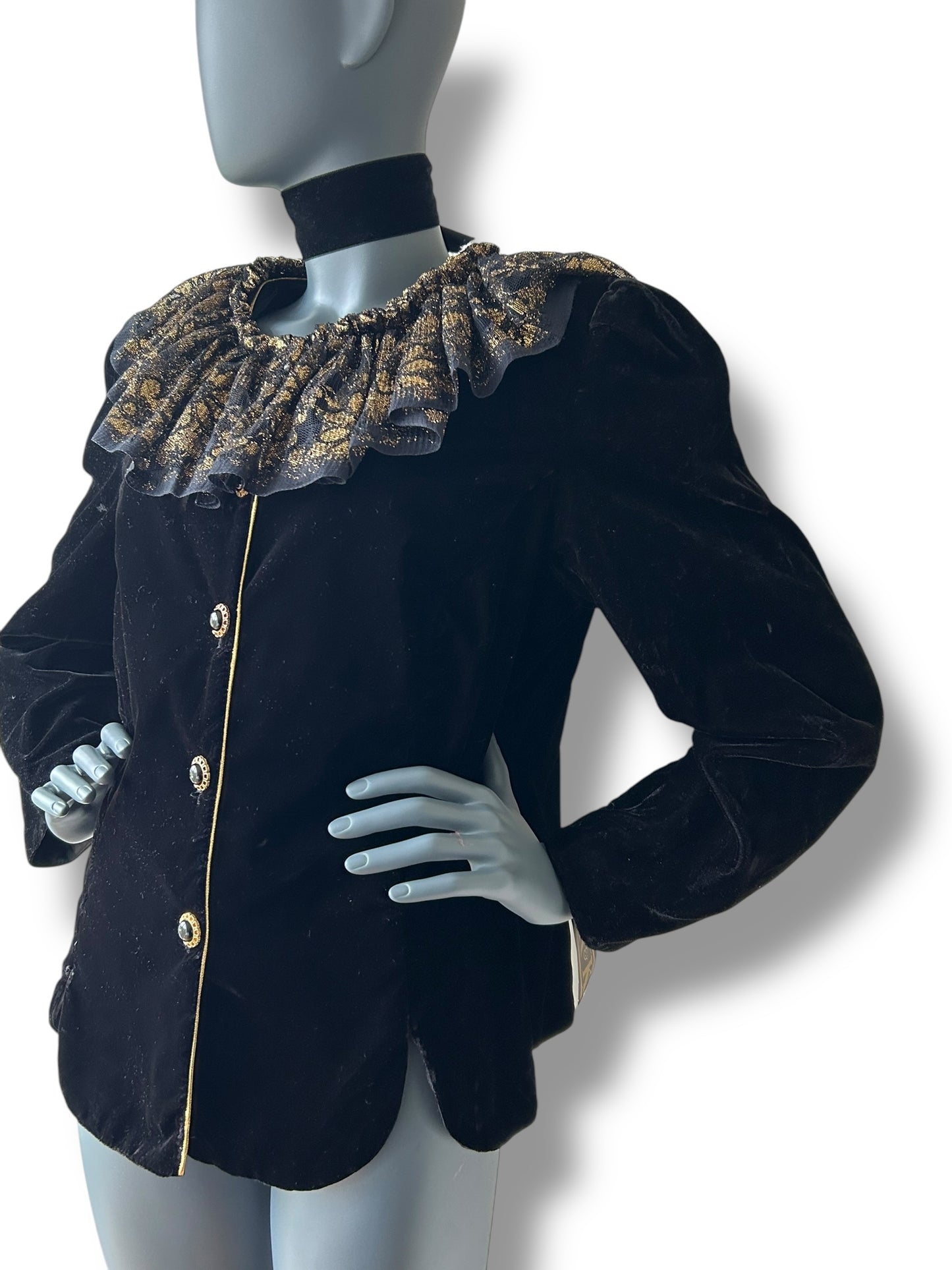 Vintage Black Velvet Blazer with Gold Lame Frill Collar