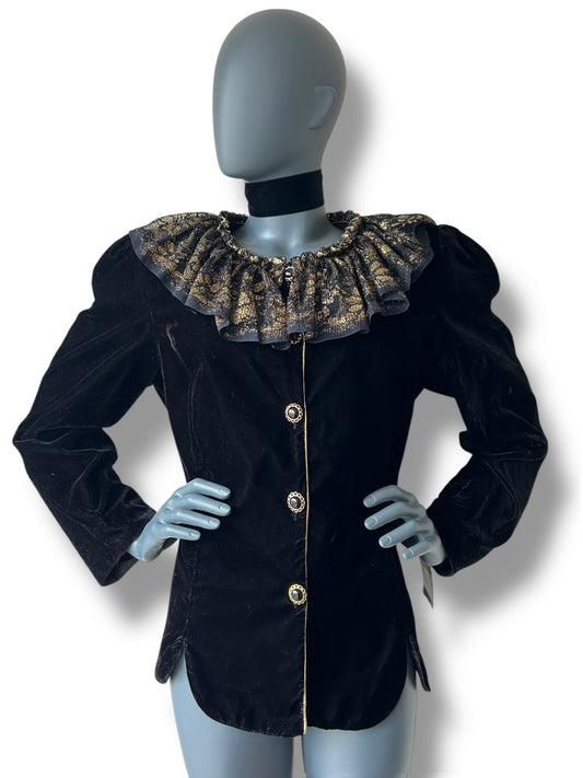 Vintage Black Velvet Blazer with Gold Lame Frill Collar