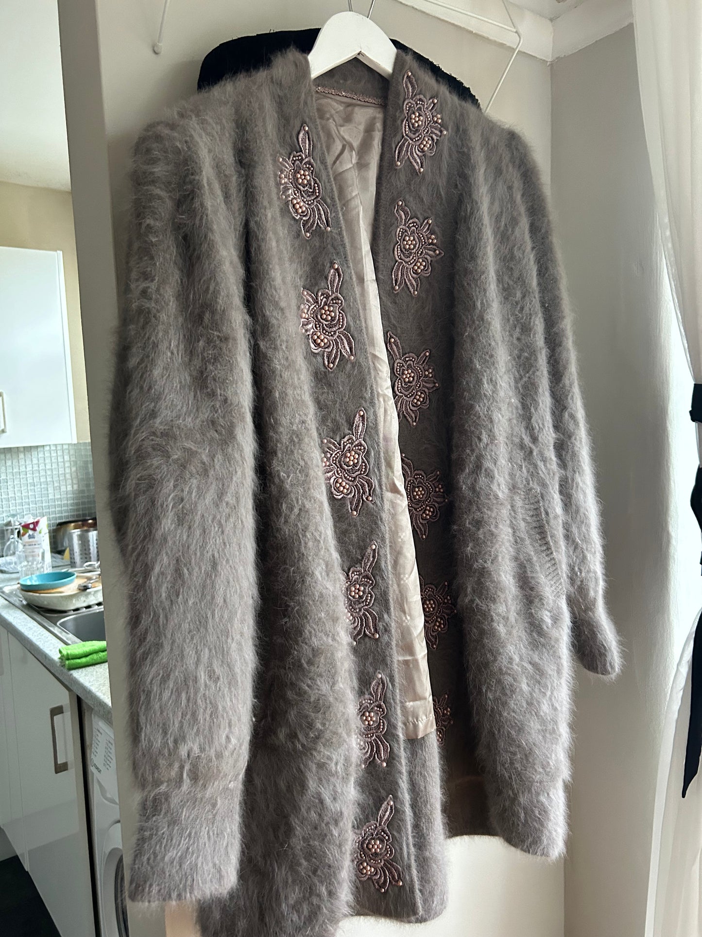 Vintage 1989/ Taupe grey plush angora pearl and lace embellished coat with pockets