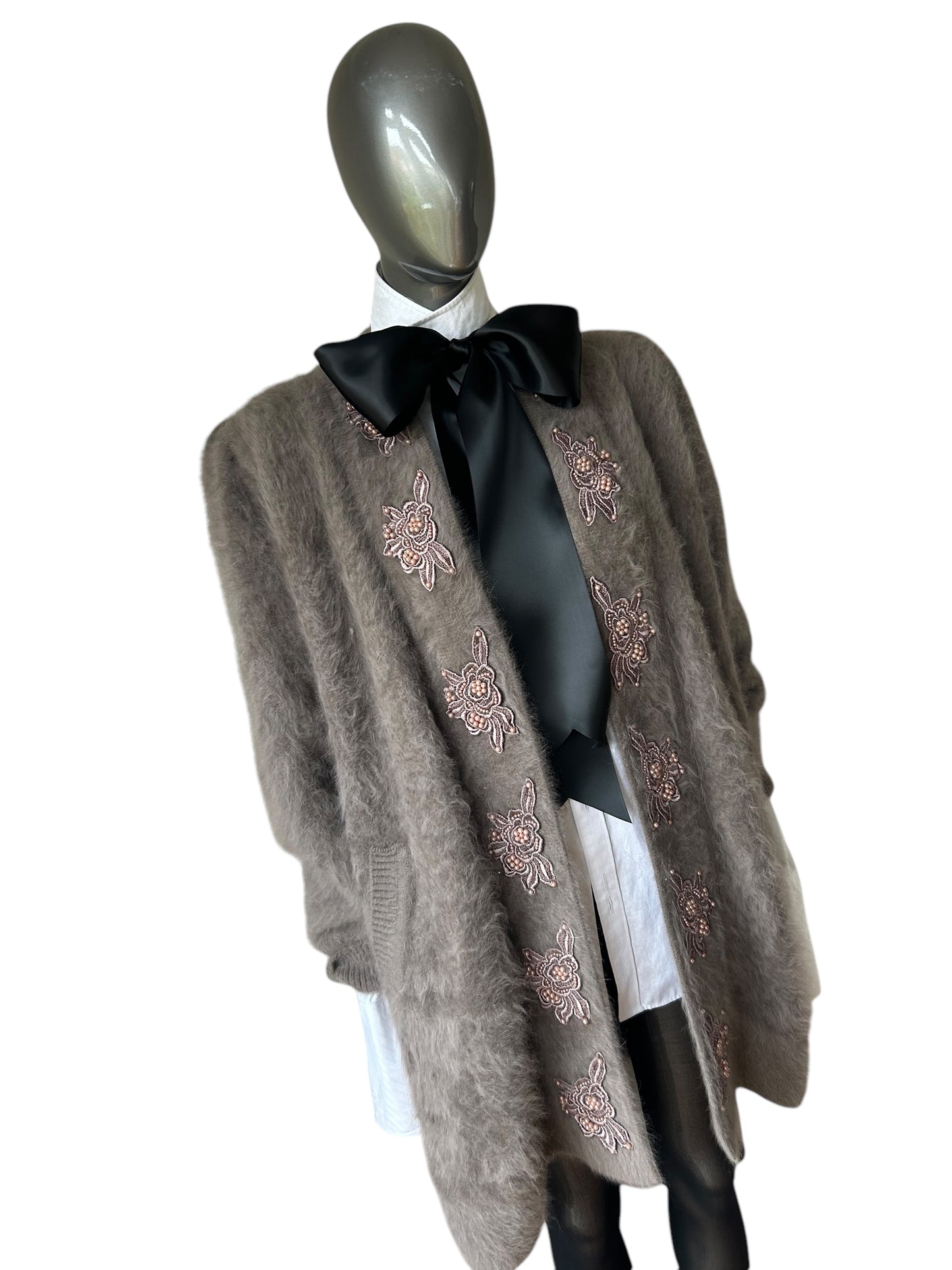 Vintage 1989/ Taupe grey plush angora pearl and lace embellished coat with pockets