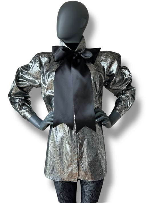 Vintage 1980s Silver Lamé Cocktail Shirt and Satin Bow