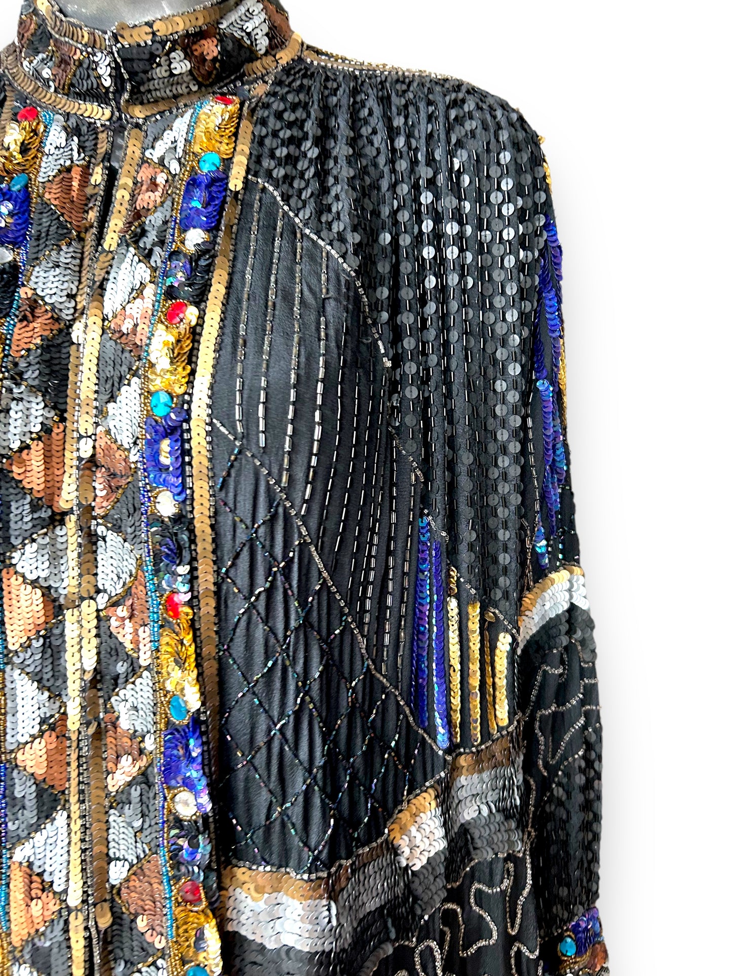 Vintage 1980s Frank Usher Art Deco Sequin Embellished Ornamental Cocktail Statement Jacket