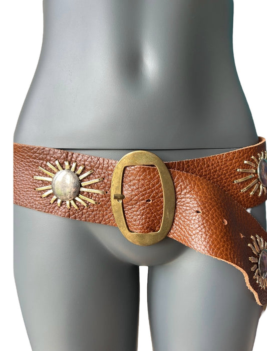 Vintage Leather  Belt Silver and lGold Sun