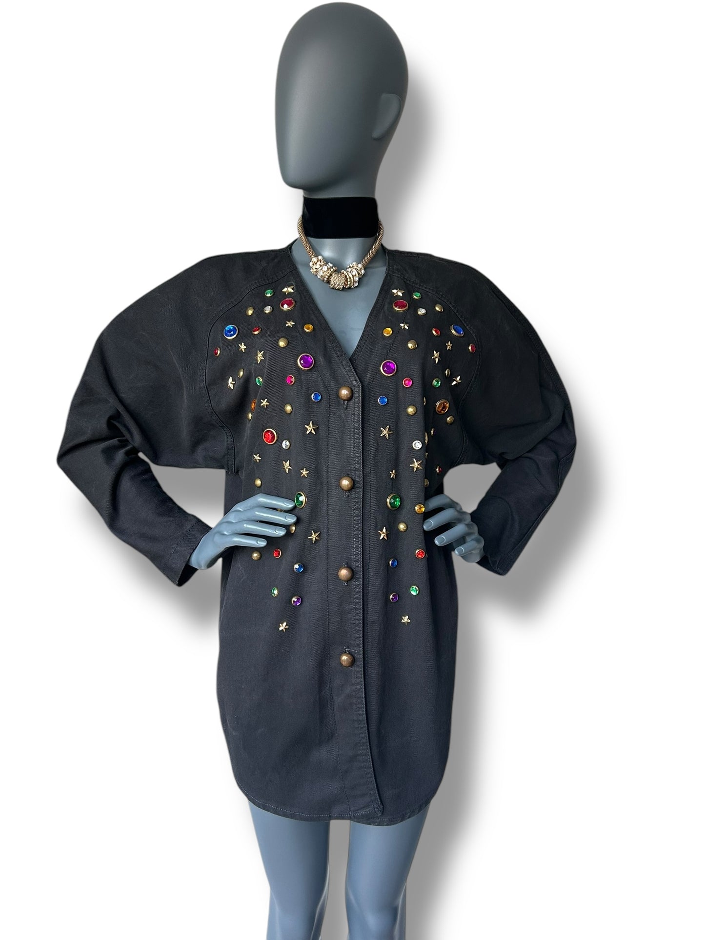 Vintage 80s Golden Jewel Black Denim Shirt Dress