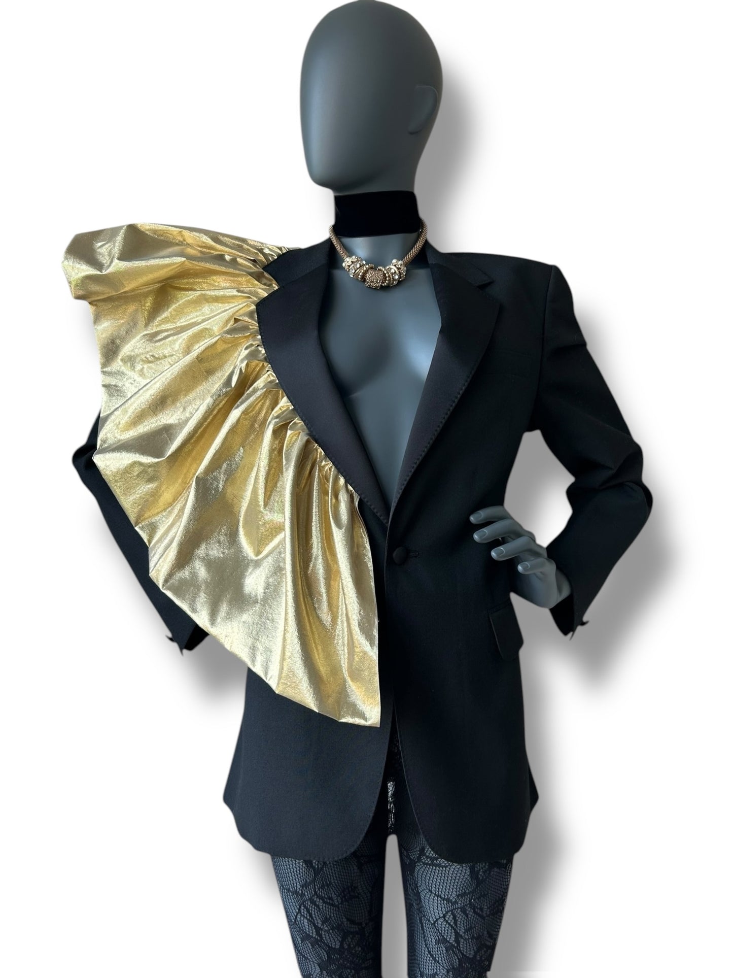 Redefined Vintage Tuxedo Blazer and Silk Gold Lamé Dramatic Couture Ruffle