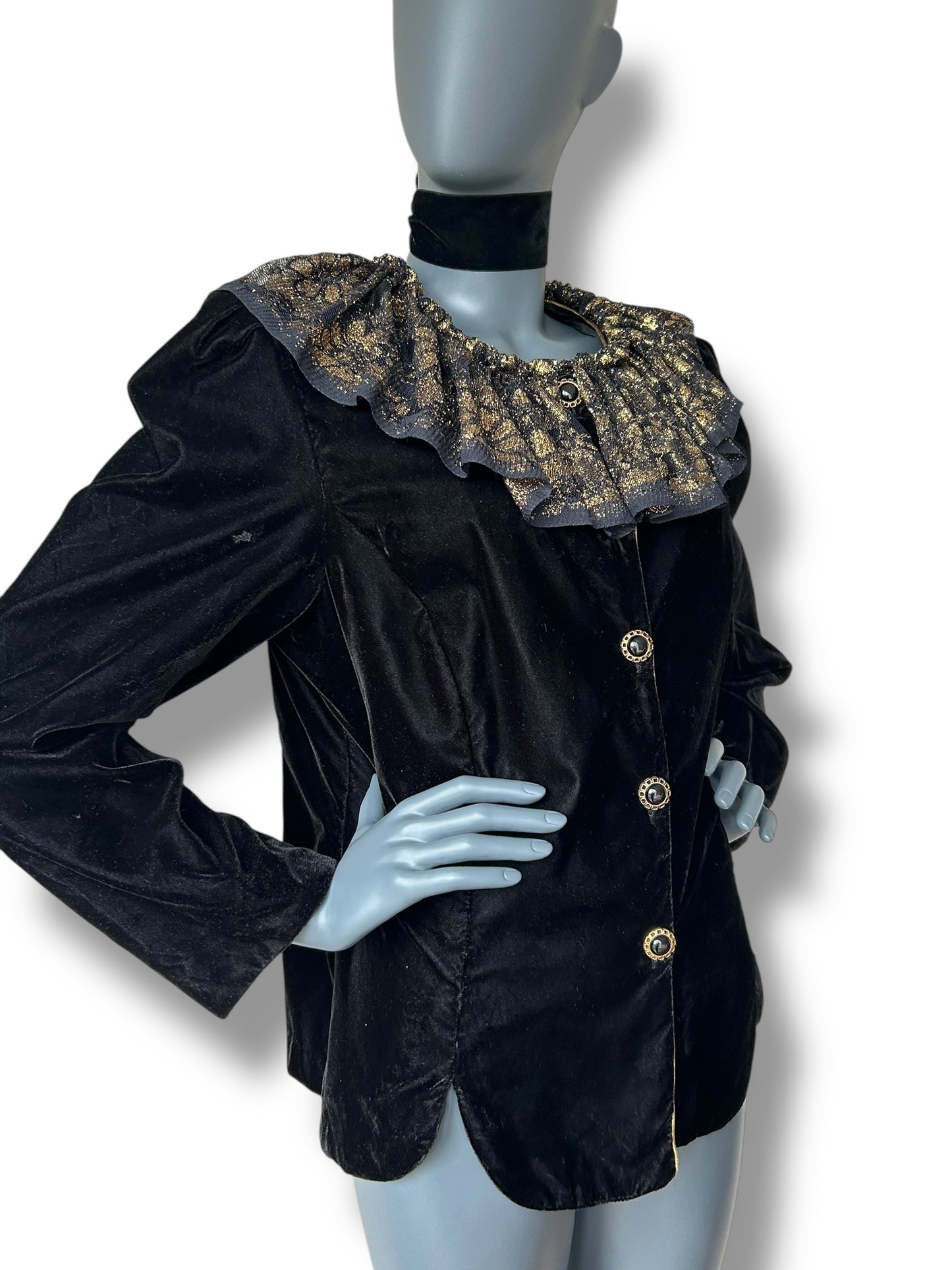 Vintage Black Velvet Blazer with Gold Lame Frill Collar