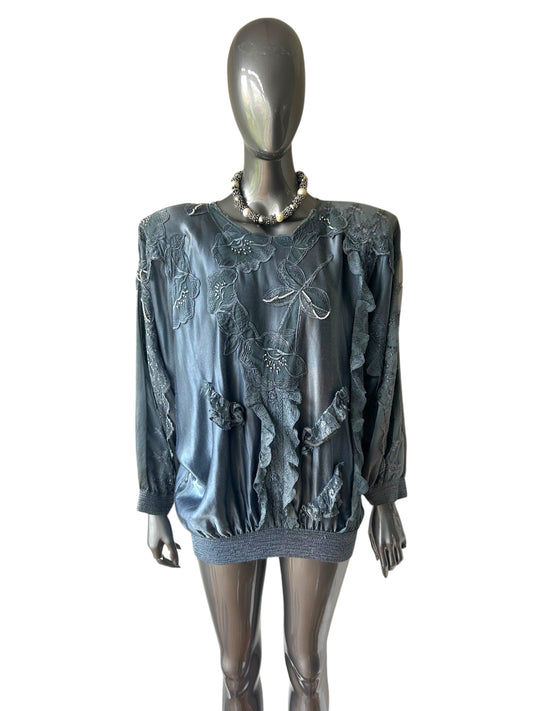 Blue Satin Batwing Pearl Top