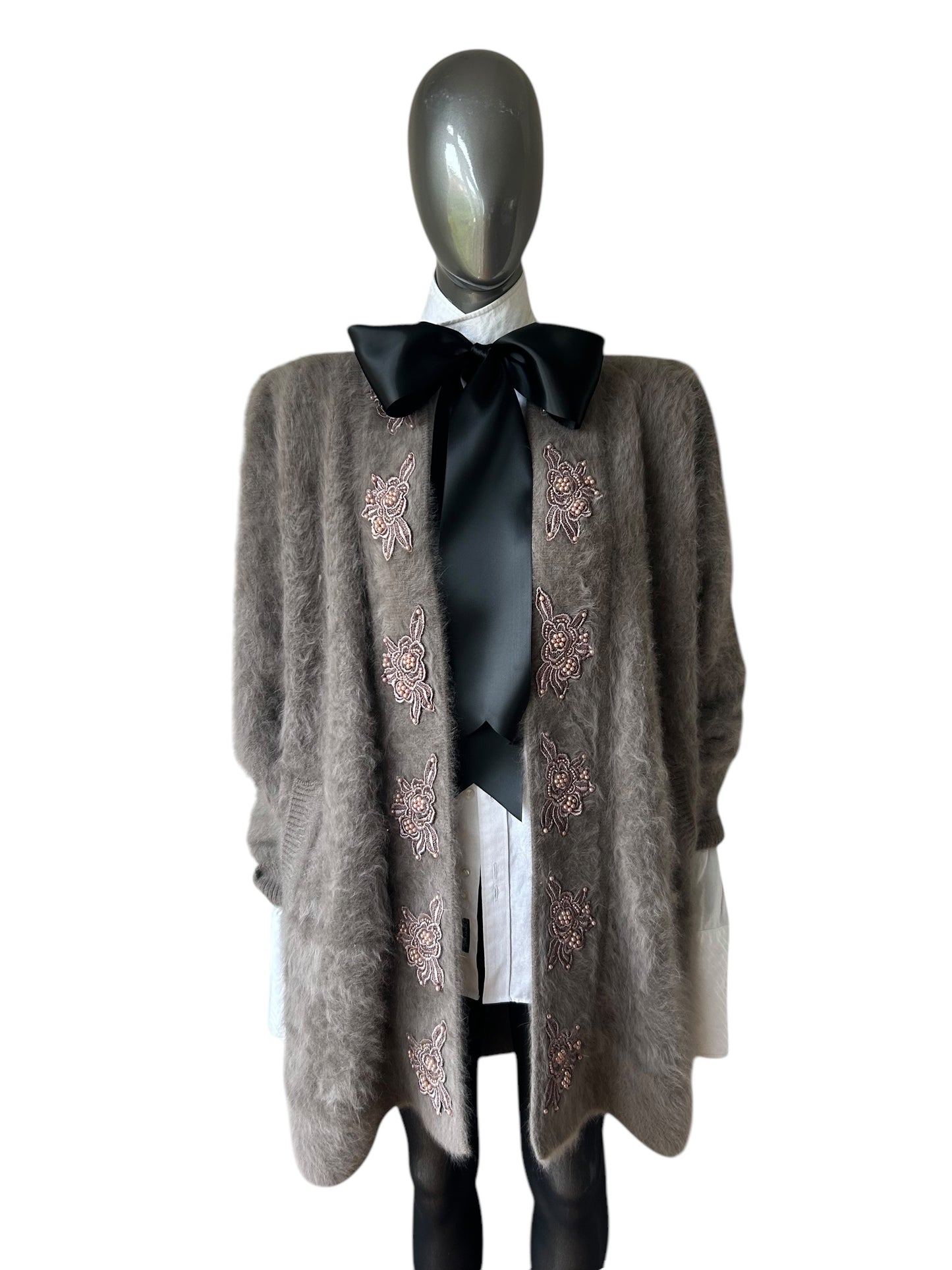 Vintage 1989/ Taupe grey plush angora pearl and lace embellished coat with pockets