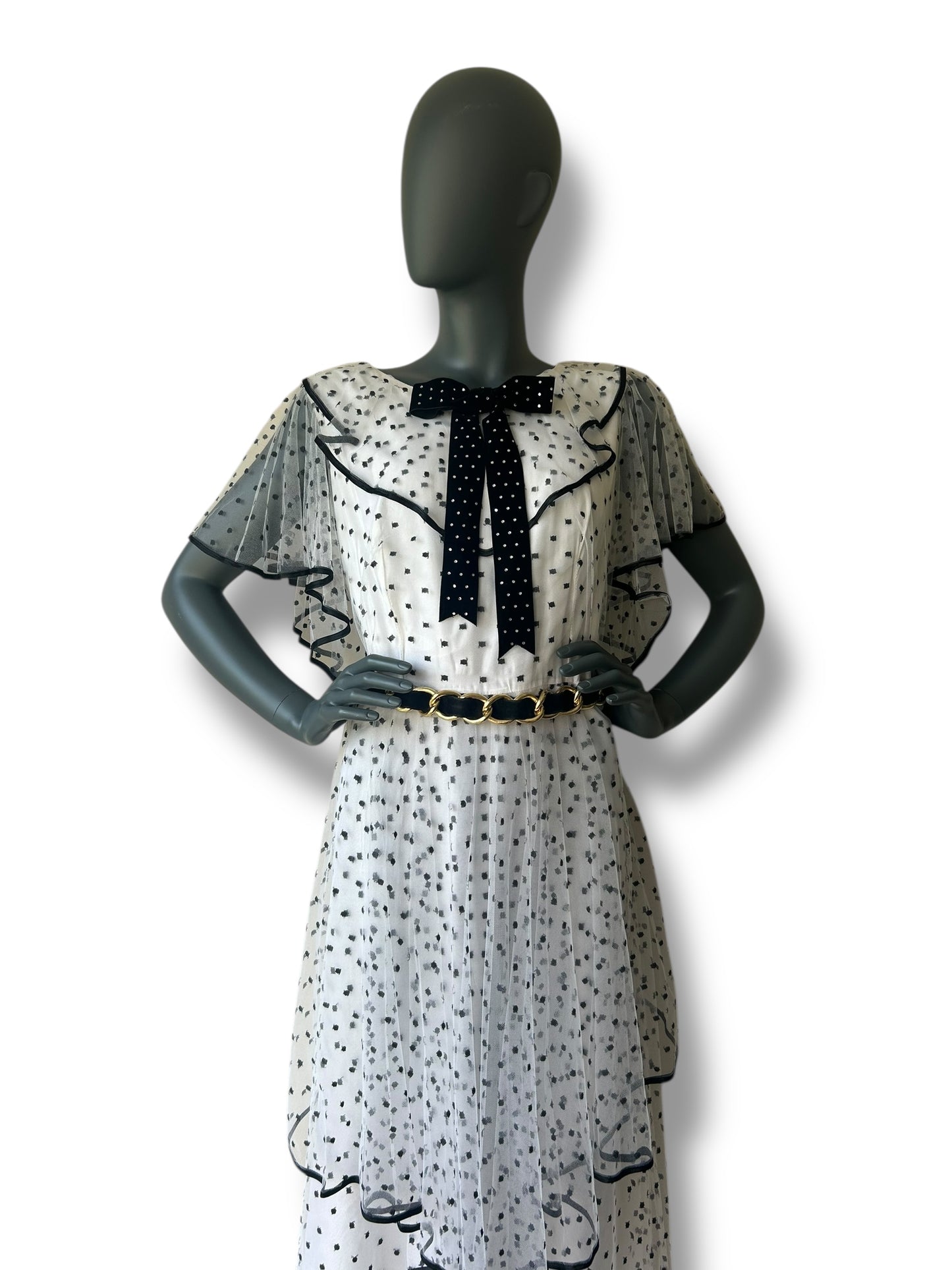 Vintage 1960s Black and White Polka Dot Mesh Dress