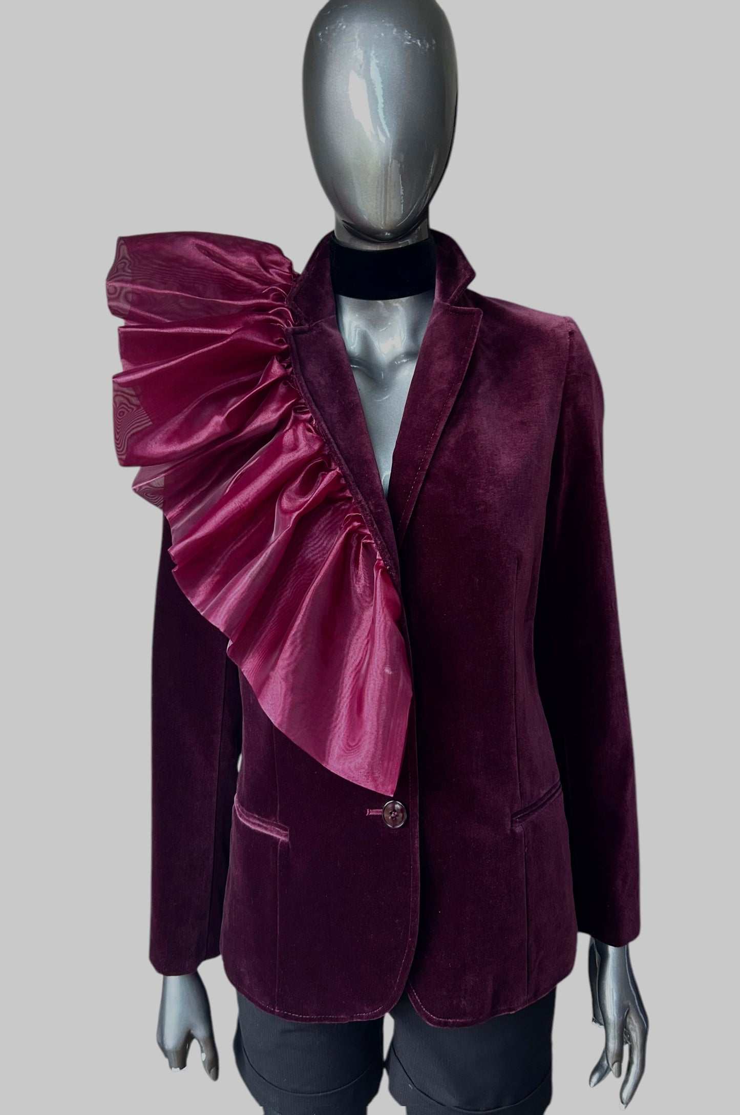 Vintage Burgandy 70s Organza Frill Velvet Blazer