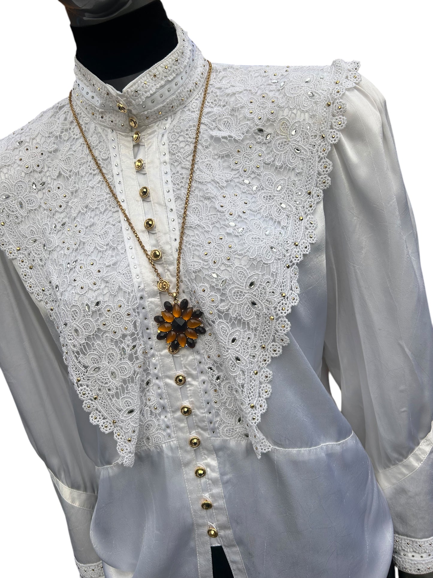 Vintage 1980s White Satin Aurora Borealis Button Statement Shirt