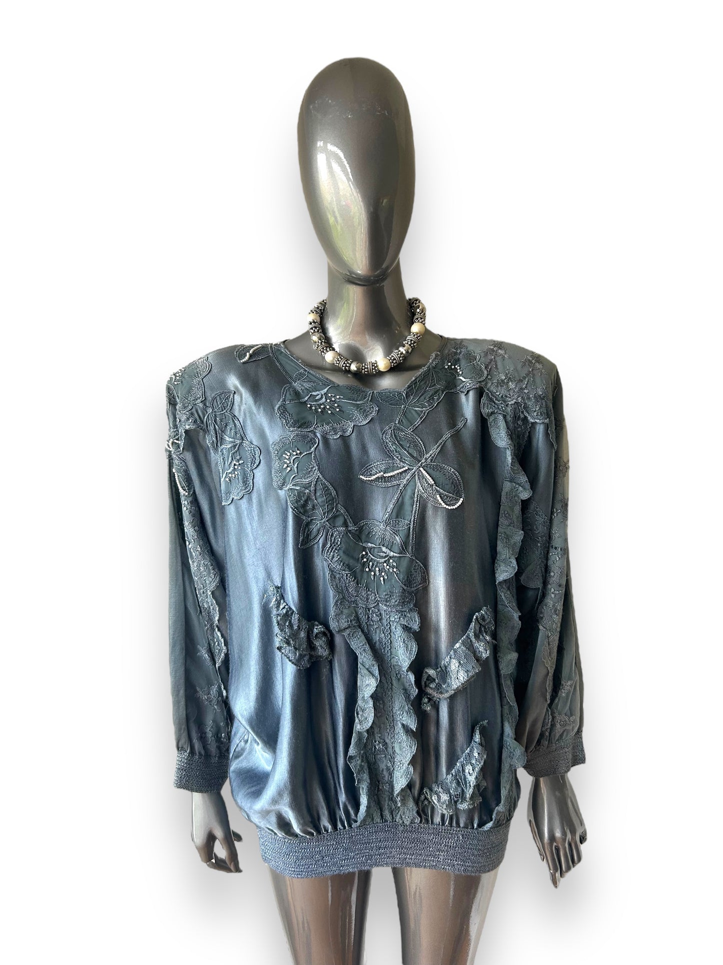 Blue Satin Batwing Pearl Top