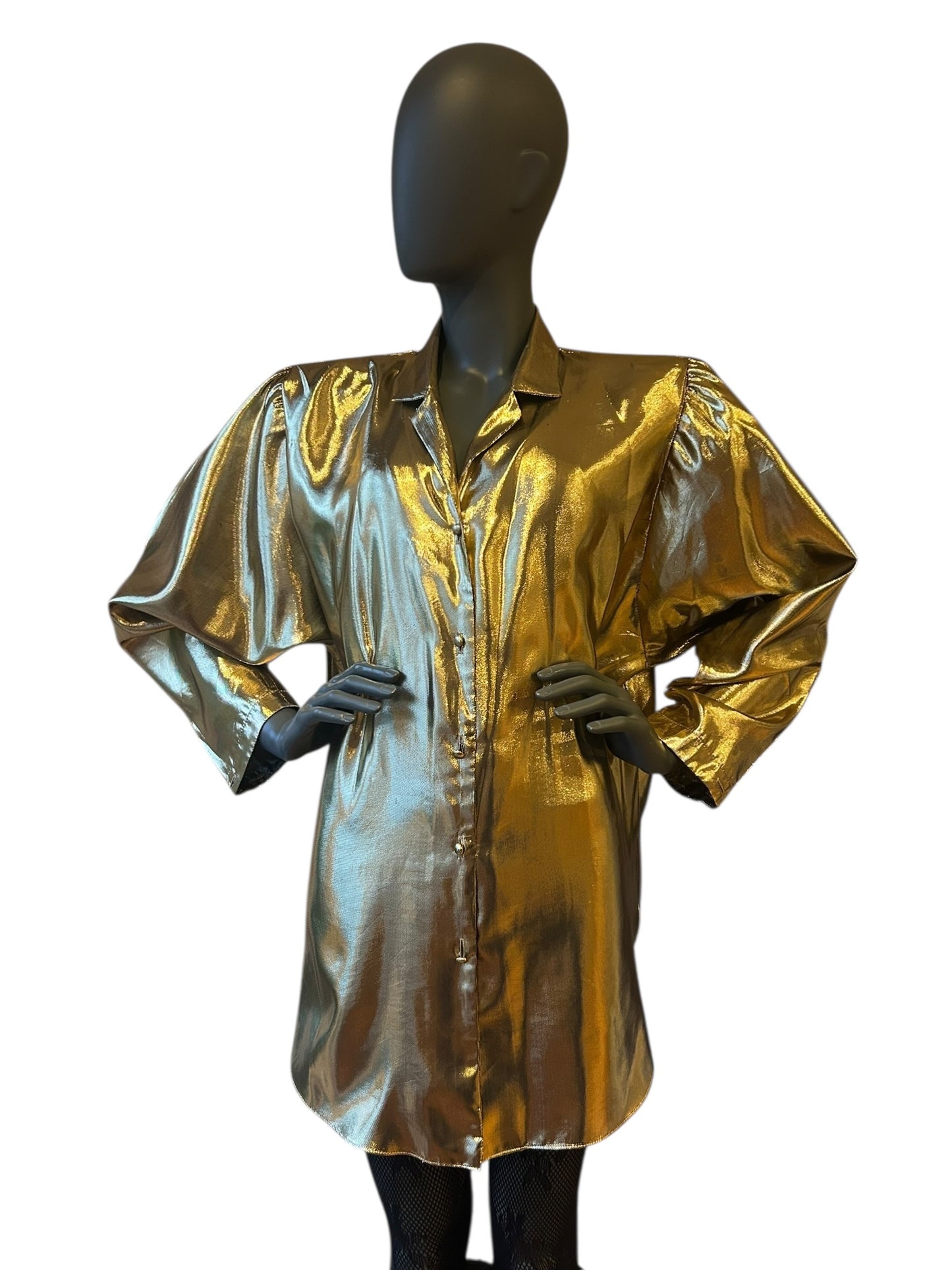 Vintage 1980s Gold Lamé Shirt Dress