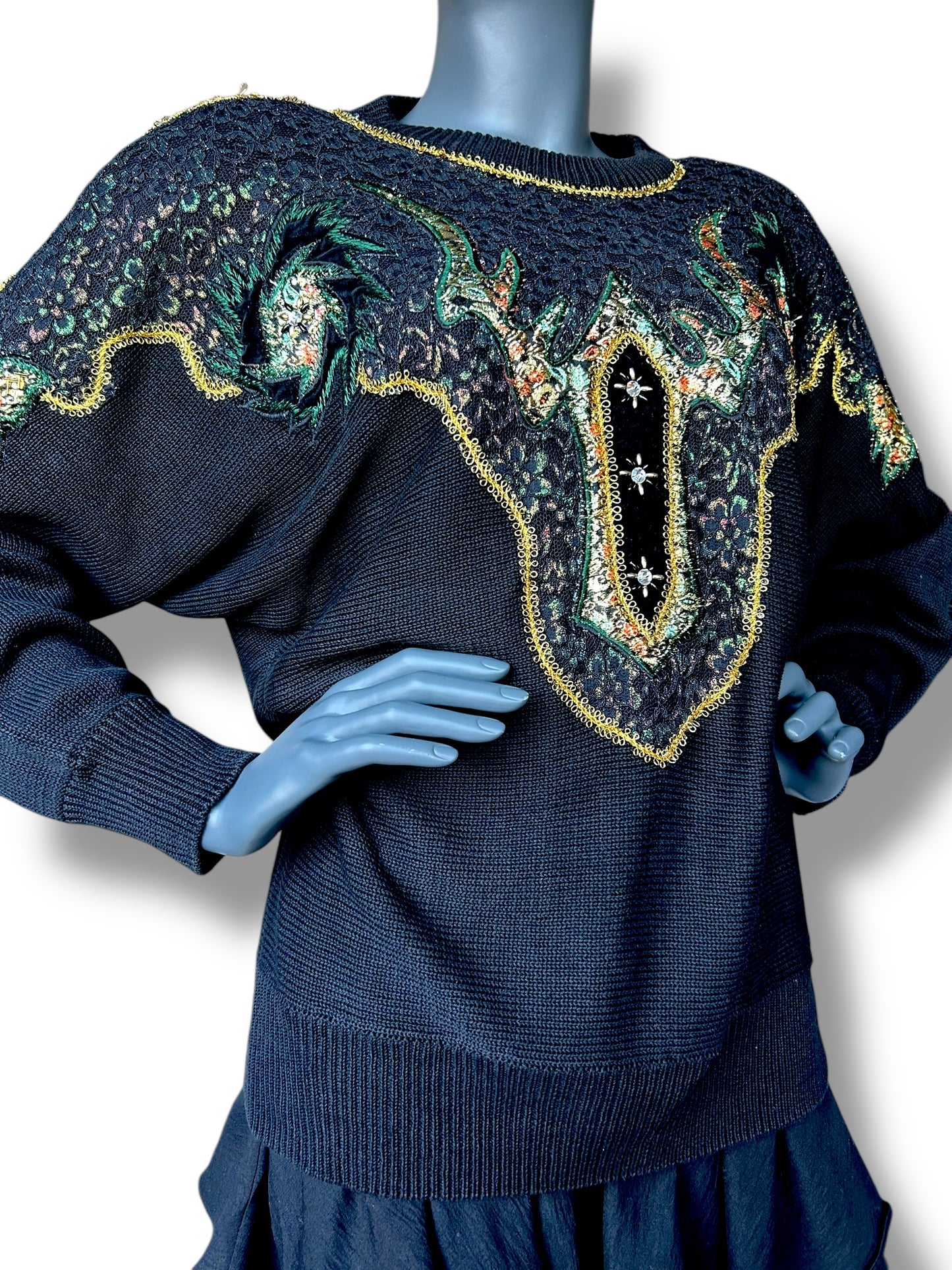 Vintage 1980s Avant Garde New Wave Jumper Gold and Diamond Applique Jumper