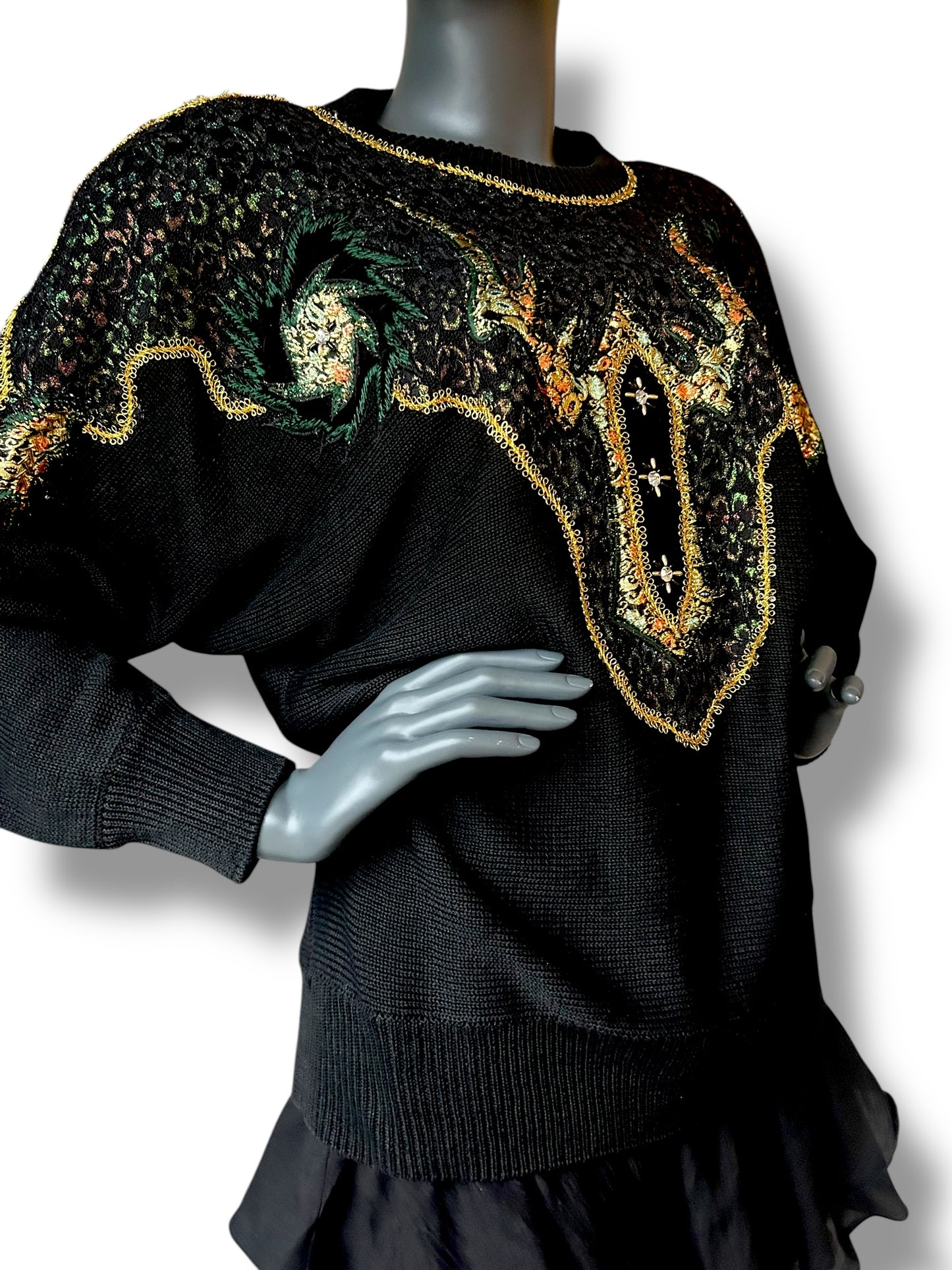 Vintage 1980s Avant Garde New Wave Jumper Gold and Diamond Applique Jumper