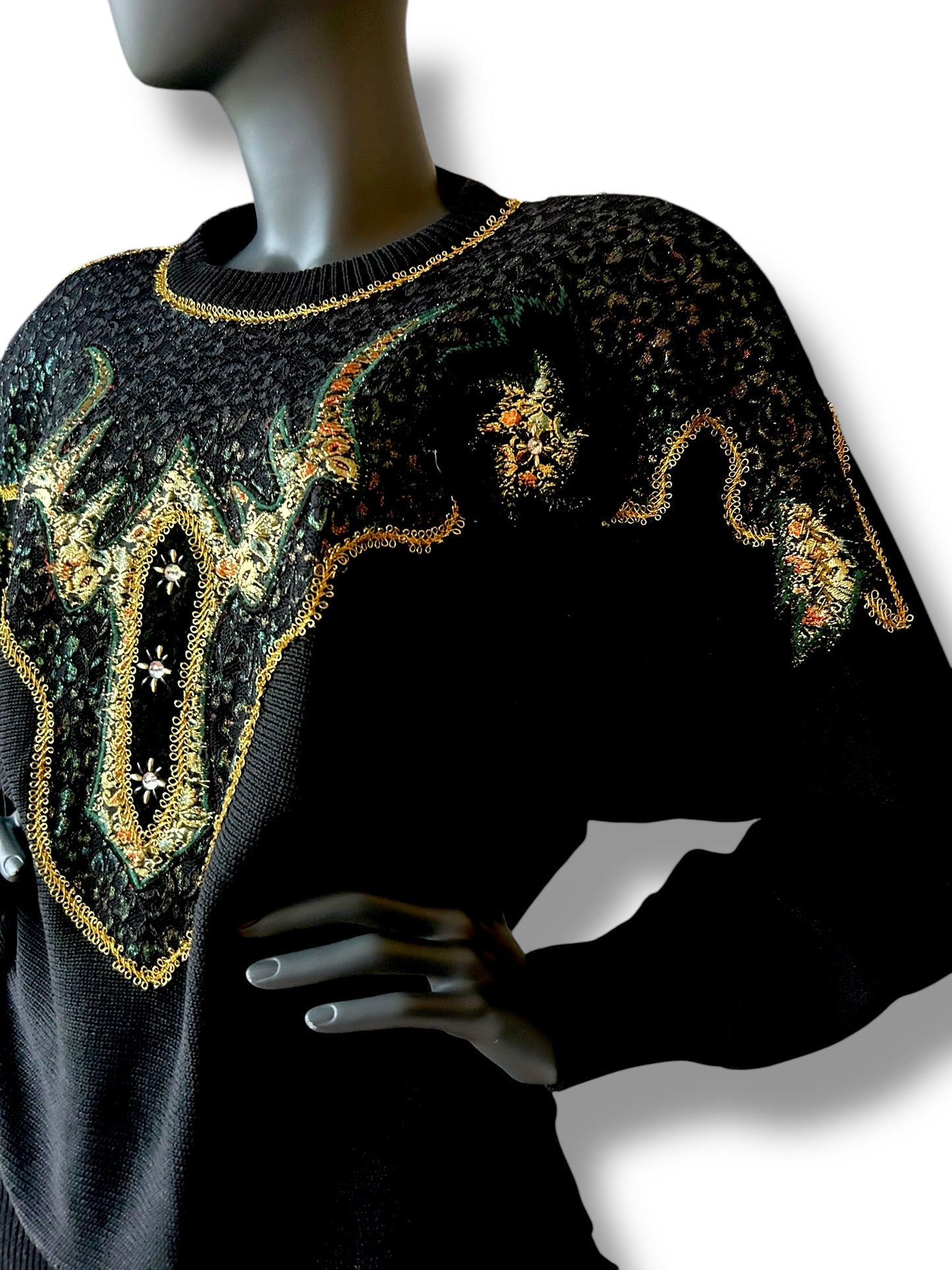 Vintage 1980s Avant Garde New Wave Jumper Gold and Diamond Applique Jumper