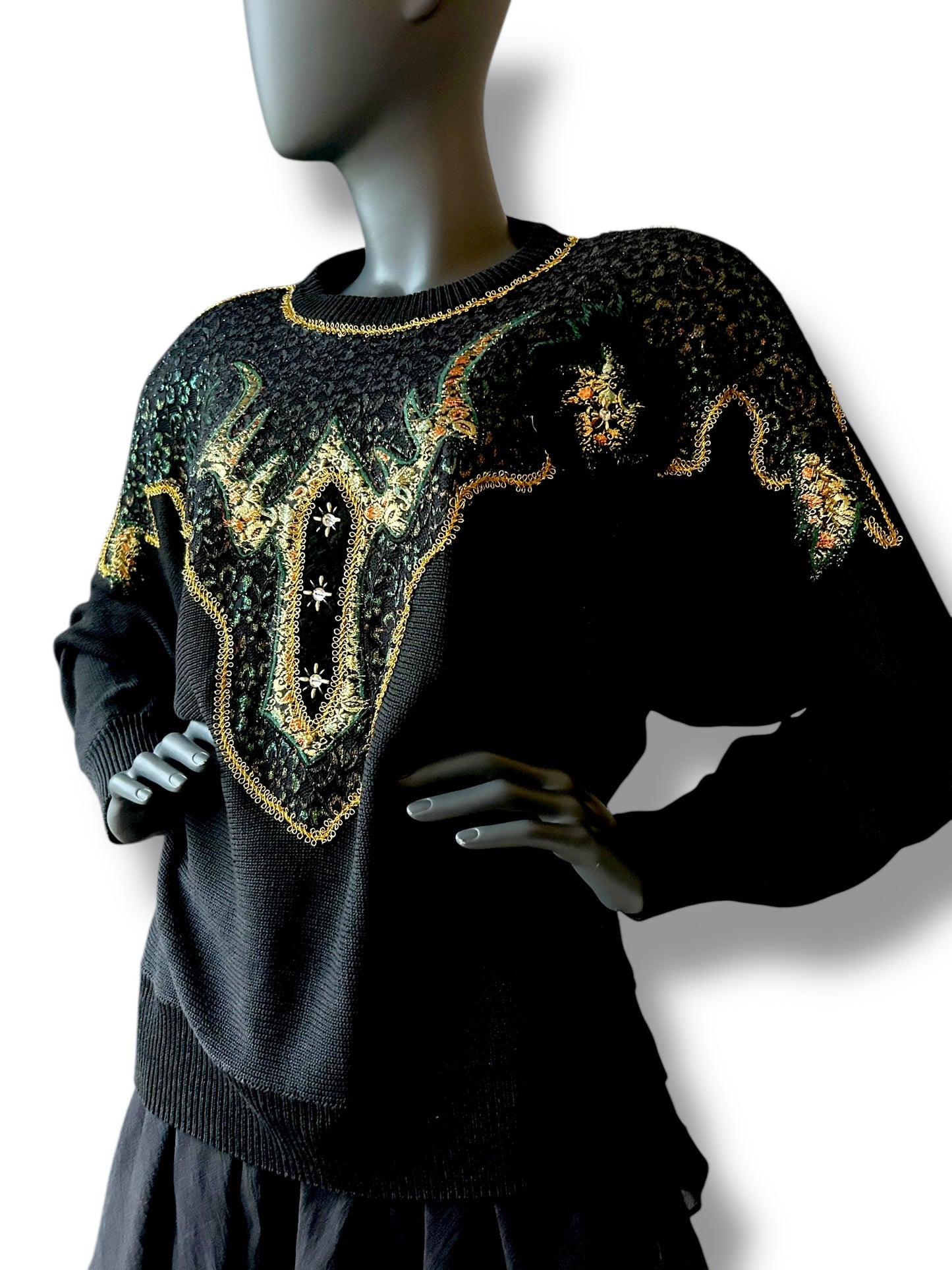 Vintage 1980s Avant Garde New Wave Jumper Gold and Diamond Applique Jumper