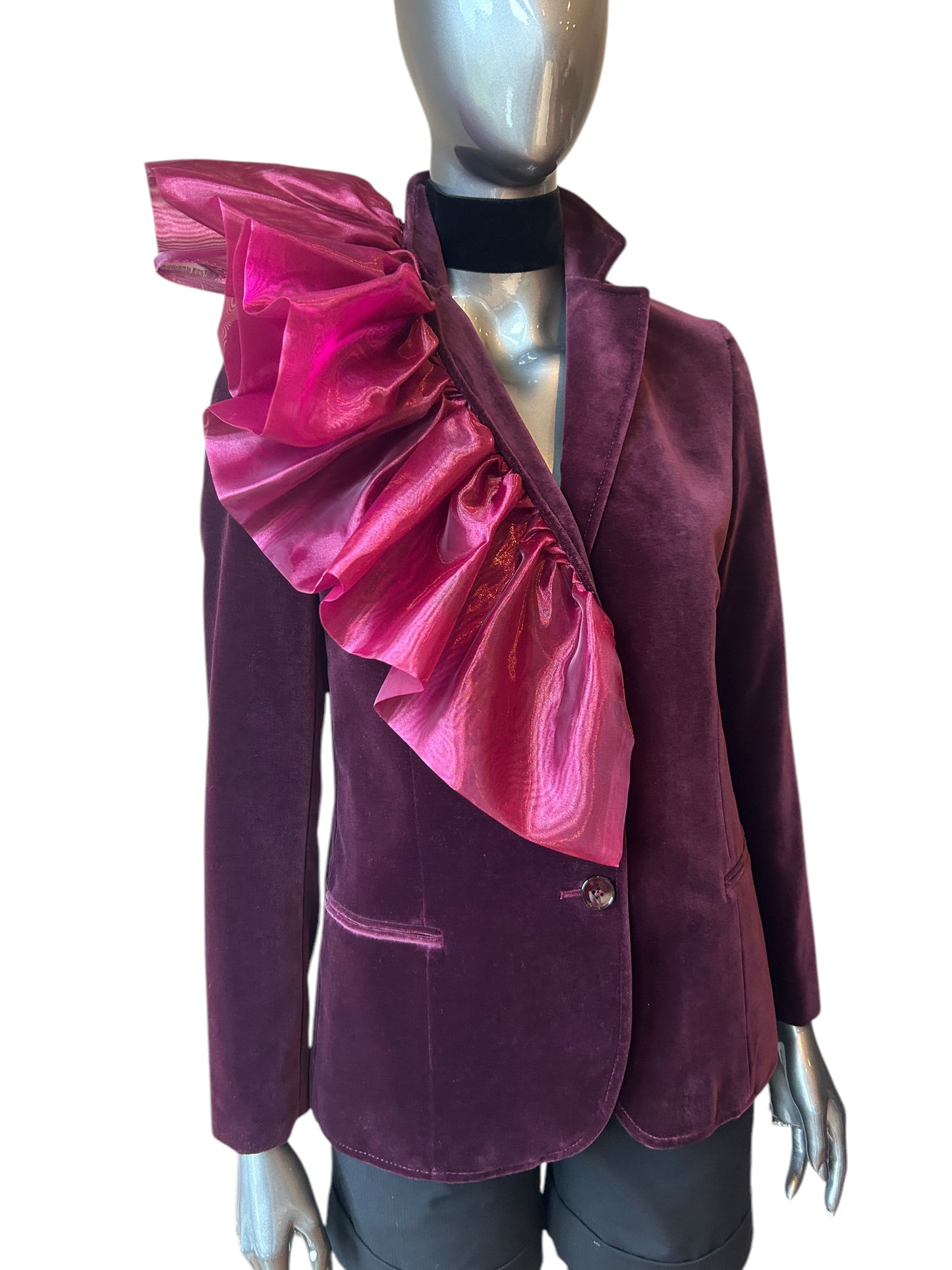 Vintage Burgandy 70s Organza Frill Velvet Blazer