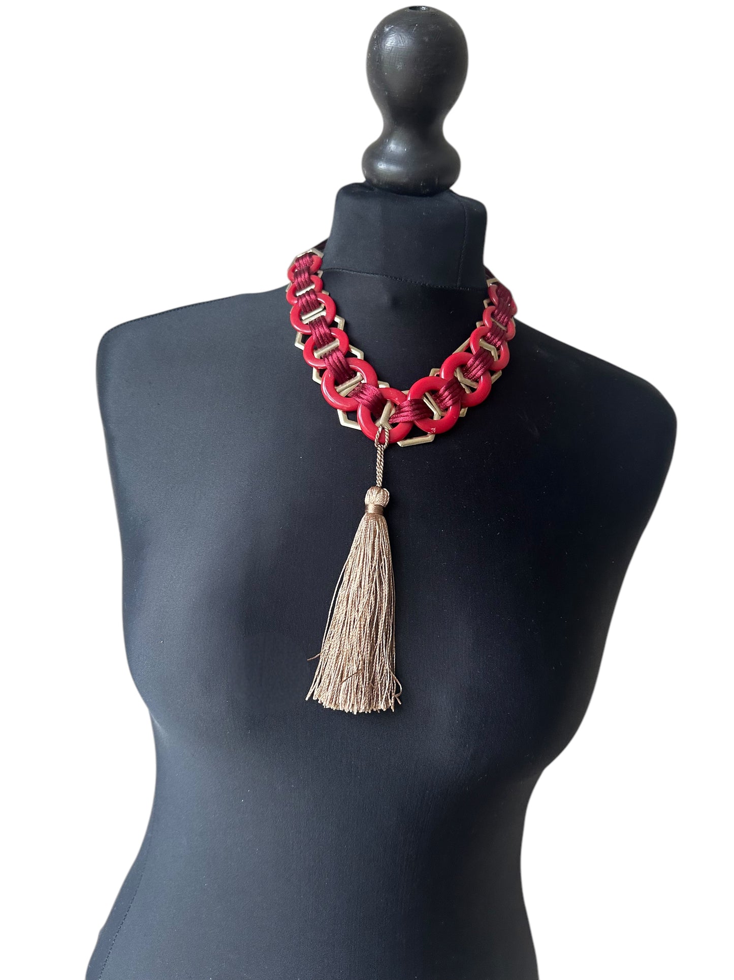 Artisanal red and and tassel choker necklace