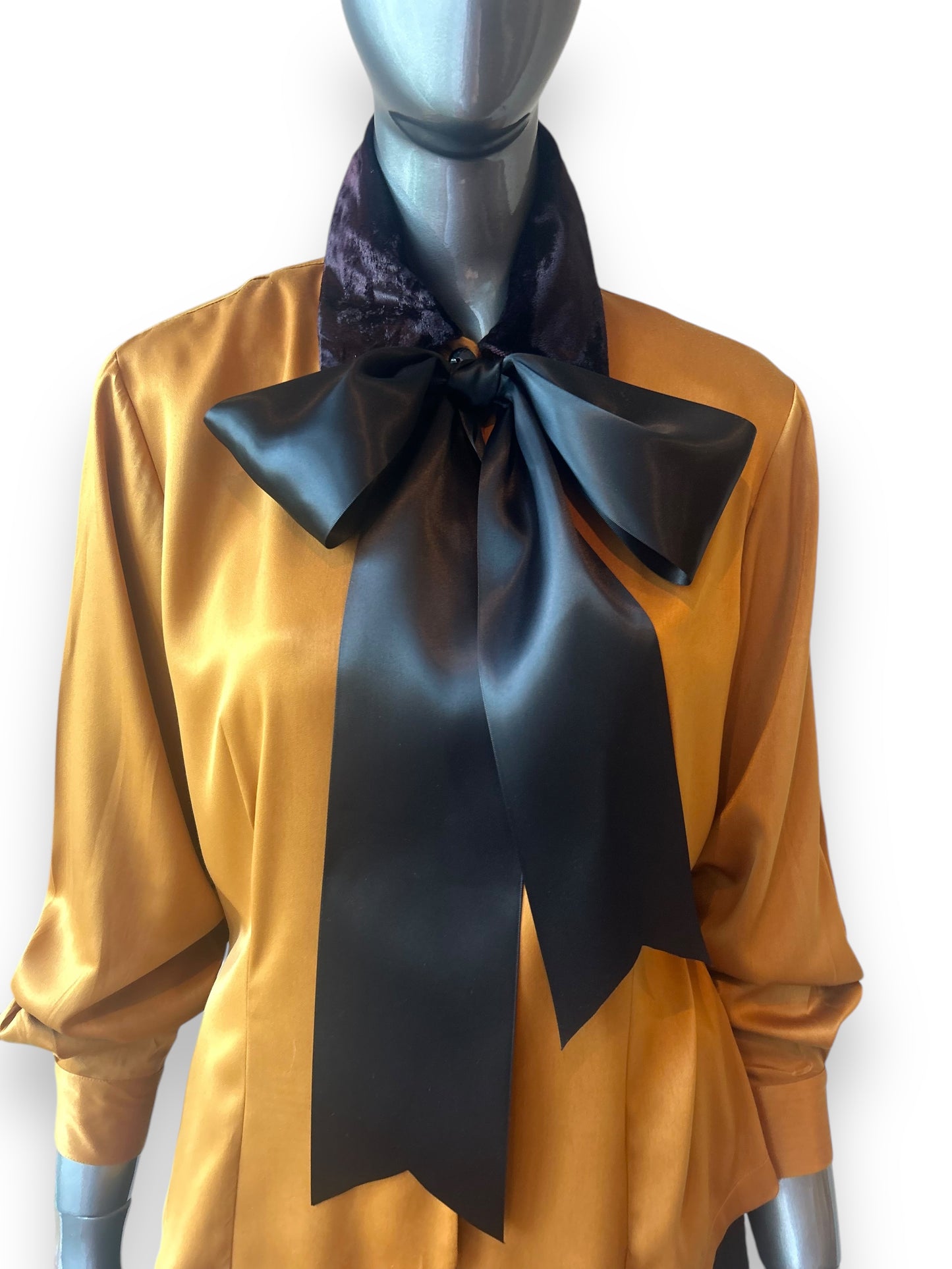 Vintage 1980s Mustard and Burgandy Collar Bow Blouse