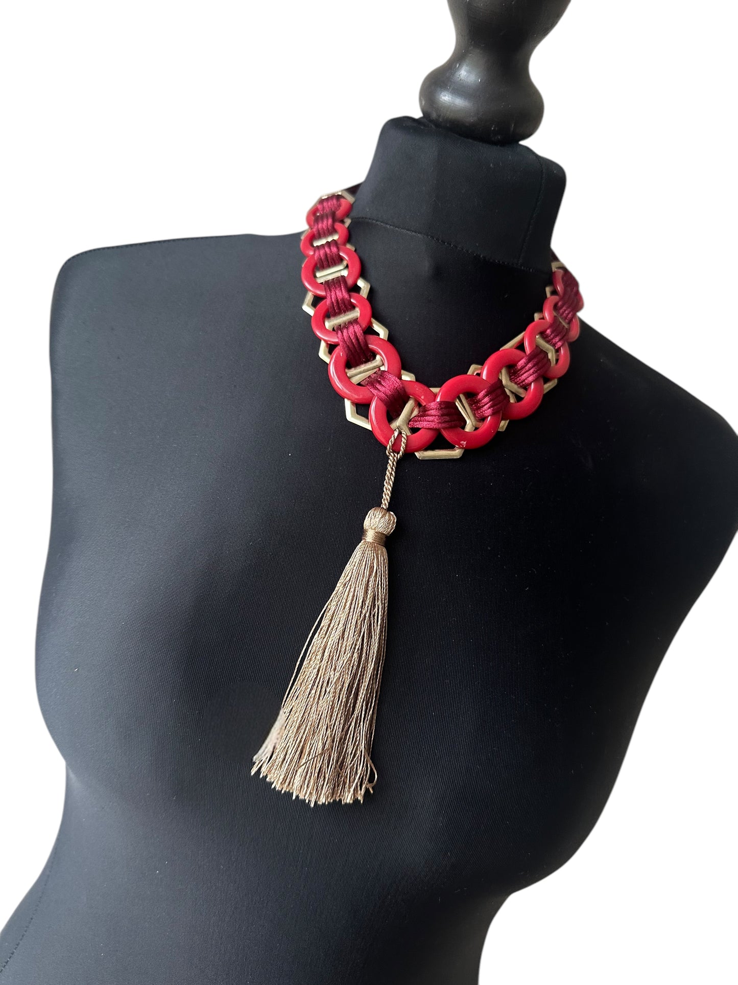 Artisanal red and and tassel choker necklace